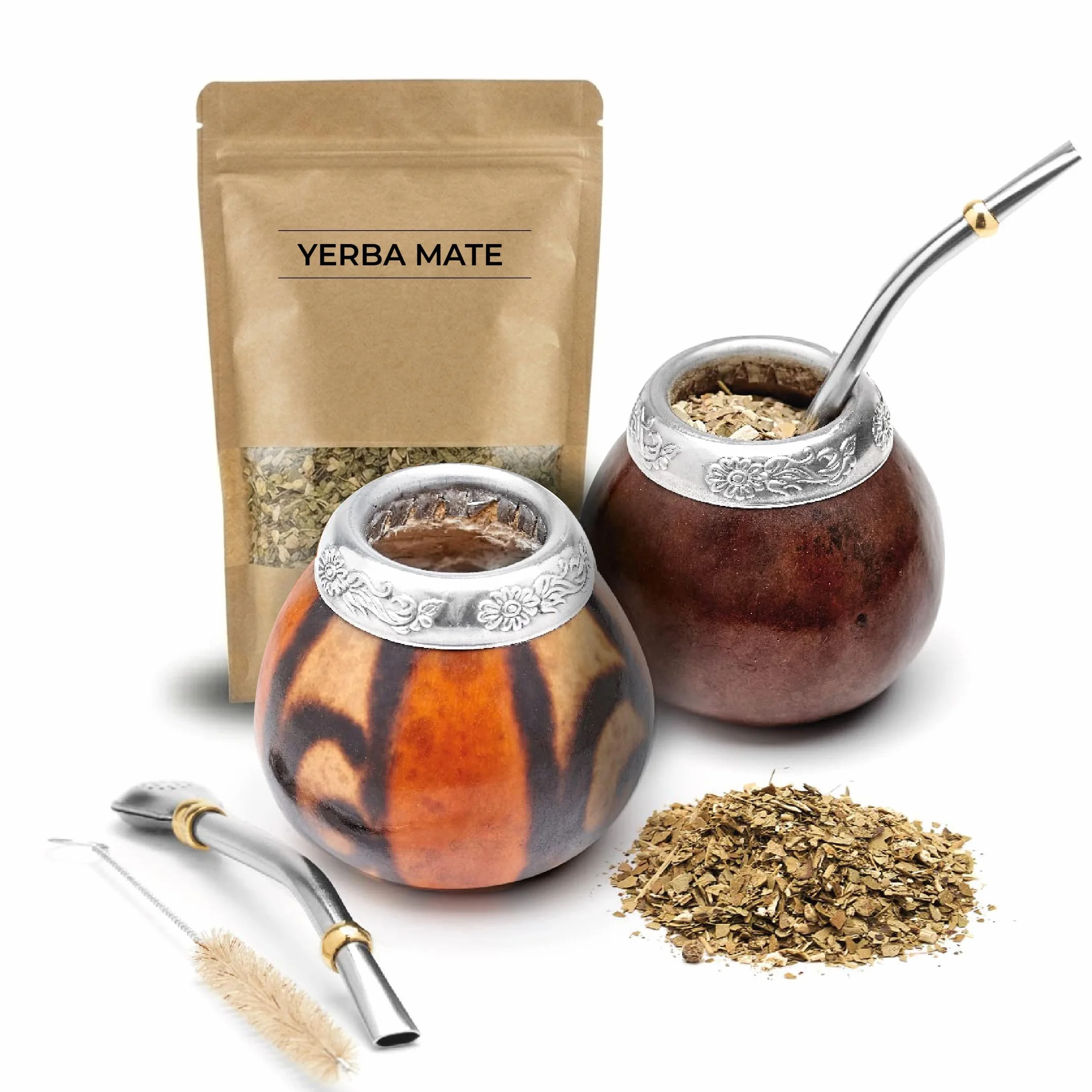 BALIBETOV Set Mate Argentino Autentico - Compreso 2 Tazza Originale, 2 Bombilla, 1 Pack 100gr Yerba Mate (MARRONE - NATUREL02)