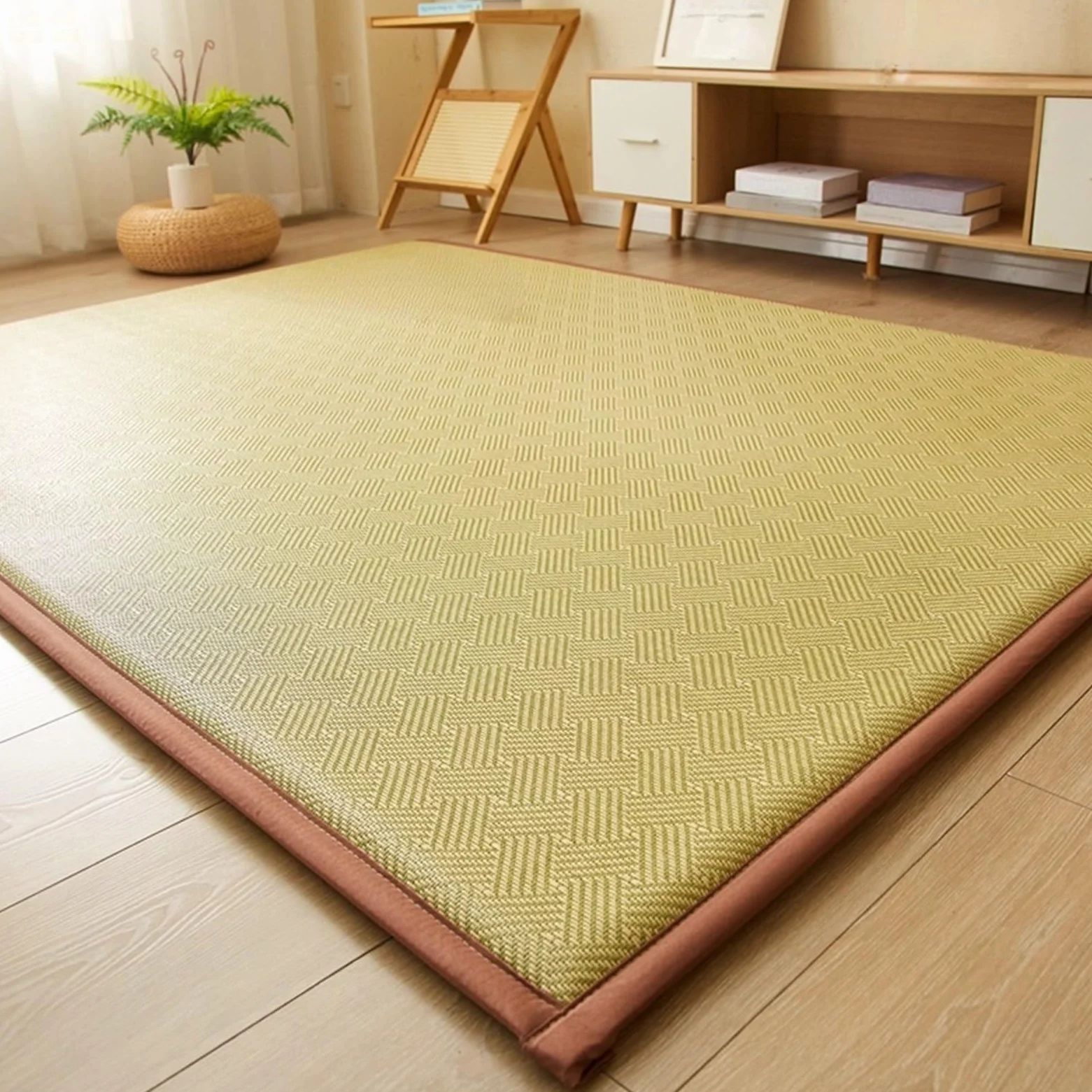 Tatami Giapponese In Fibra Naturale - Stuoia Intrecciata Di Rattan Antiscivolo - Materasso Futon Fresco e Traspirante - Tappeto Reversibile per Interni, Soggiorno e Camera Da Letto(Light Green,150 x 2