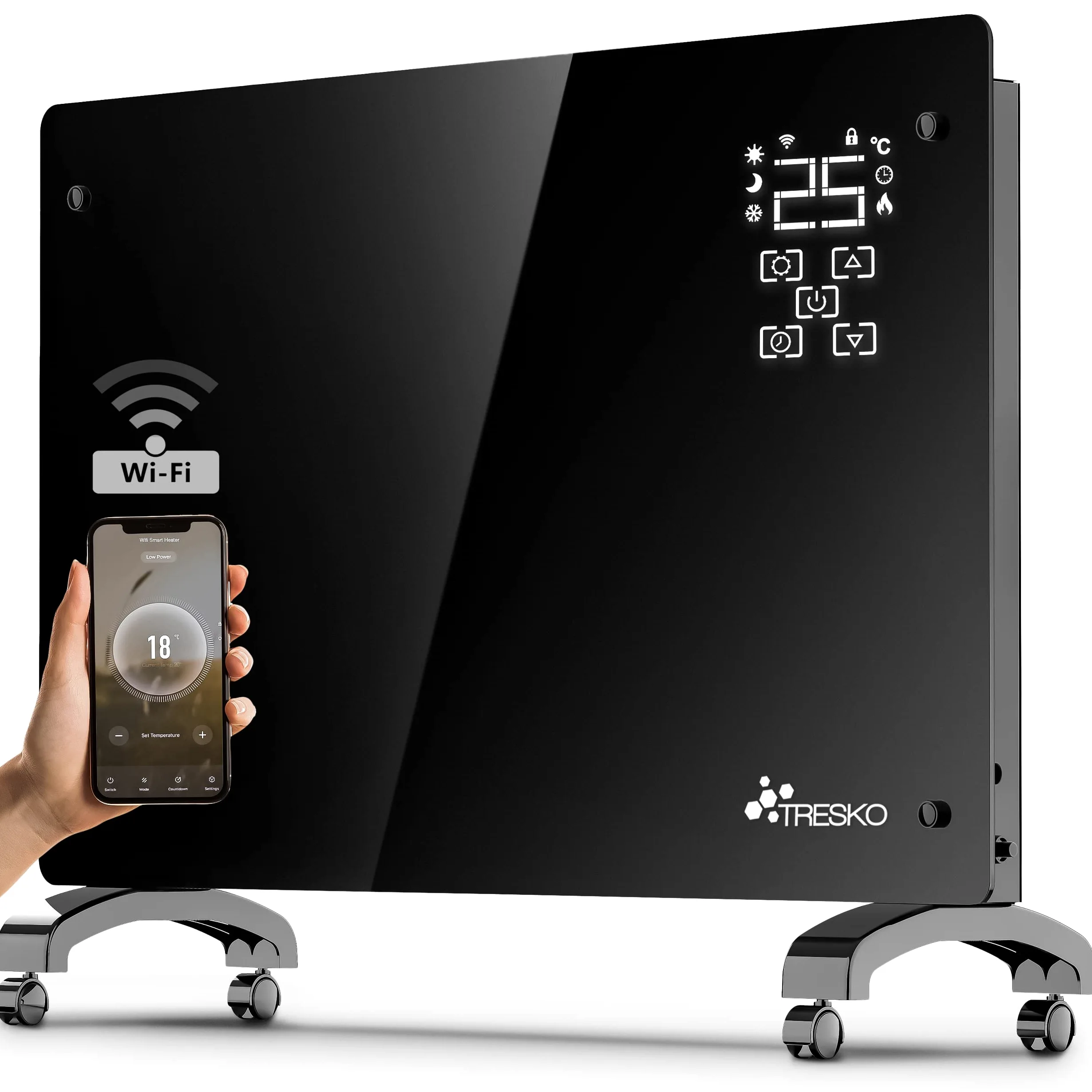 TRESKO Stufa Elettrica Basso Consumo 2000W - Wifi & APP | Stufa Elettrica basso consumo | Termoconvettore con Rotelle | Termosifone Elettrico Portatile | Termoconvettore a Parete con Termostato
