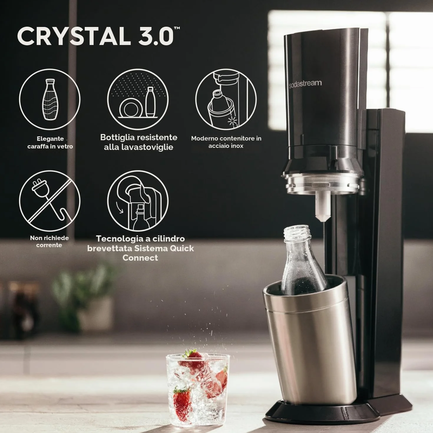 Sodastream Crystal Nero Gasatore acqua frizzante bombola CO2 bottiglia vetro 1L