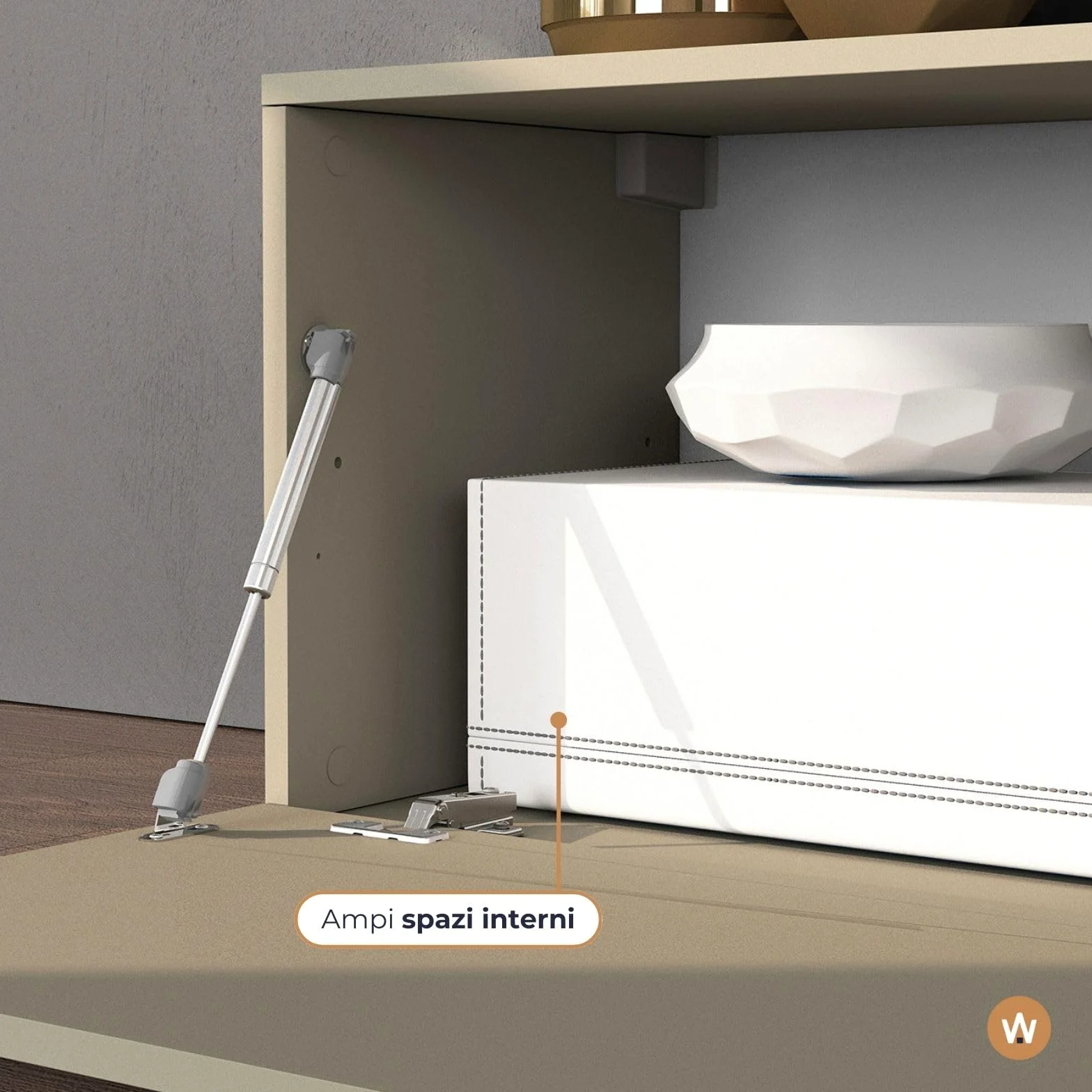 WHOUS Mobile Porta TV CHRONOS per Soggiorno con 1 Anta a Ribalta, Mobile Tv Regolabile per Salotto in Legno, 190/350x40x51 cm, Tortora Opaco e Rovere