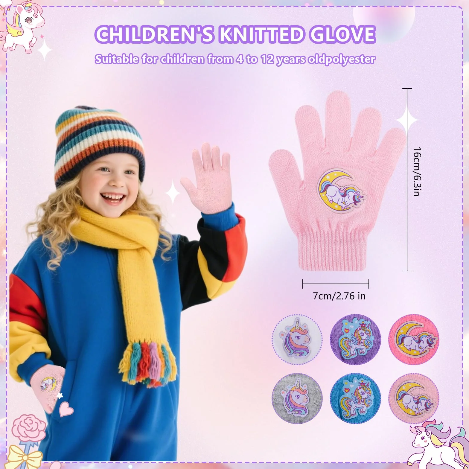 Guanti Unicorno per Bambini QKURT Magici Lavorati a Maglia 4-12 Anni