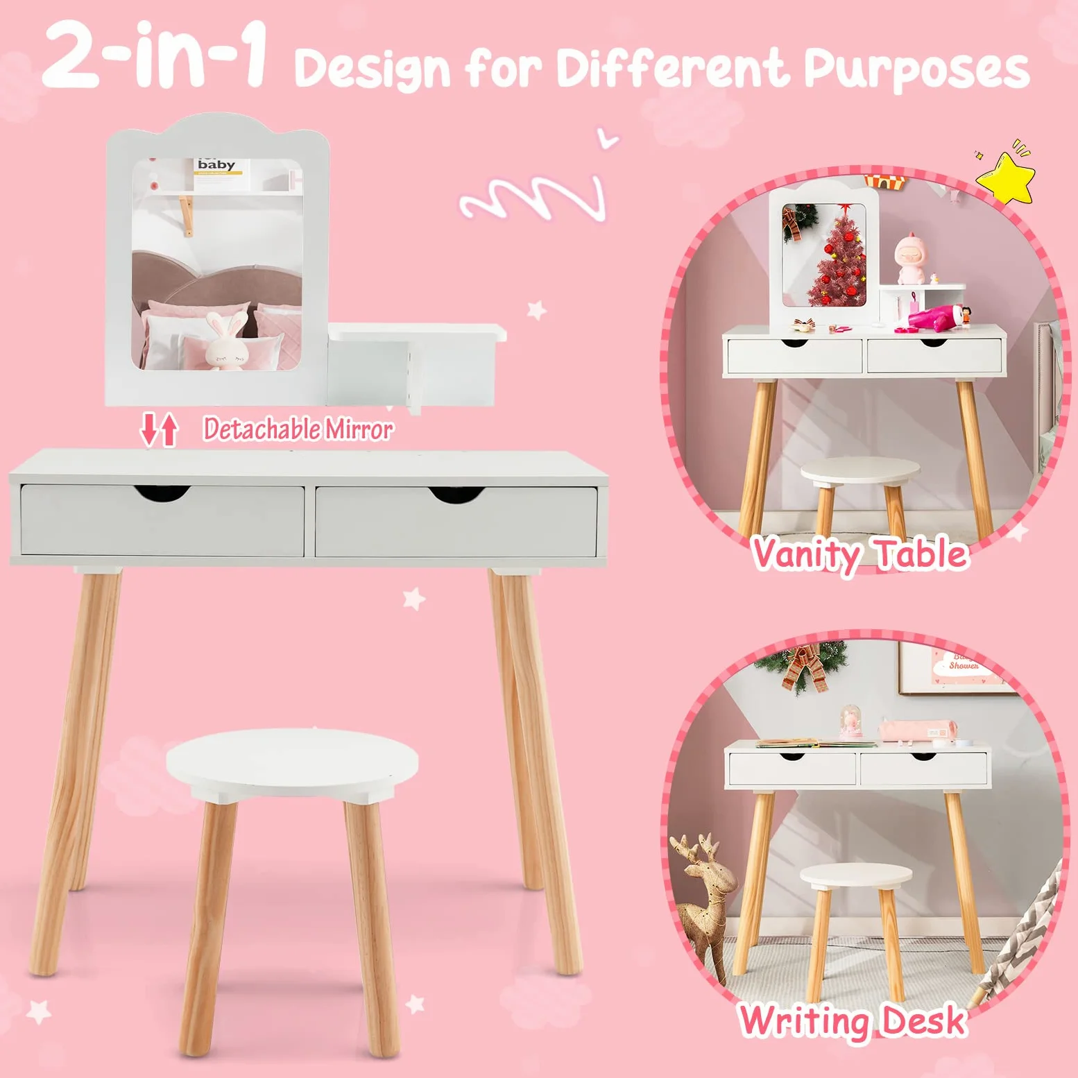 RELAX4LIFE 2 in 1 Toeletta Trucco Bambina con Sgabello, Specchio Staccabile, Set da Trucco con 2 Cassetti, Postazione Trucco per Bambini, 70 x 37 x 100 cm (Bianco)