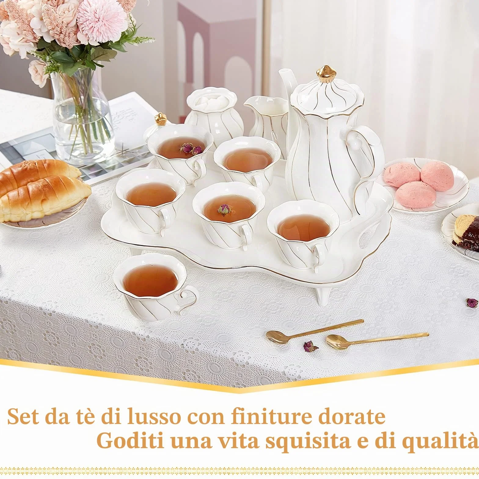 Set da Tè Britannico di Lusso 14 Pezzi Porcellana Bianco con Vassoio e Cucchiai