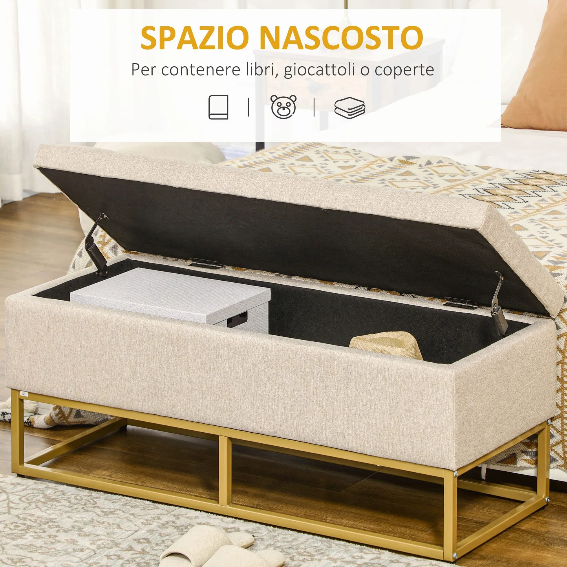 HOMCOM Panca Contenitore Rettangolare con Seduta Imbottita e Gambe in Acciaio, Pouf Poggiapiedi in Tessuto Effetto Lino per Camera da Letto e Soggiorno, 110x44x49 cm, Beige