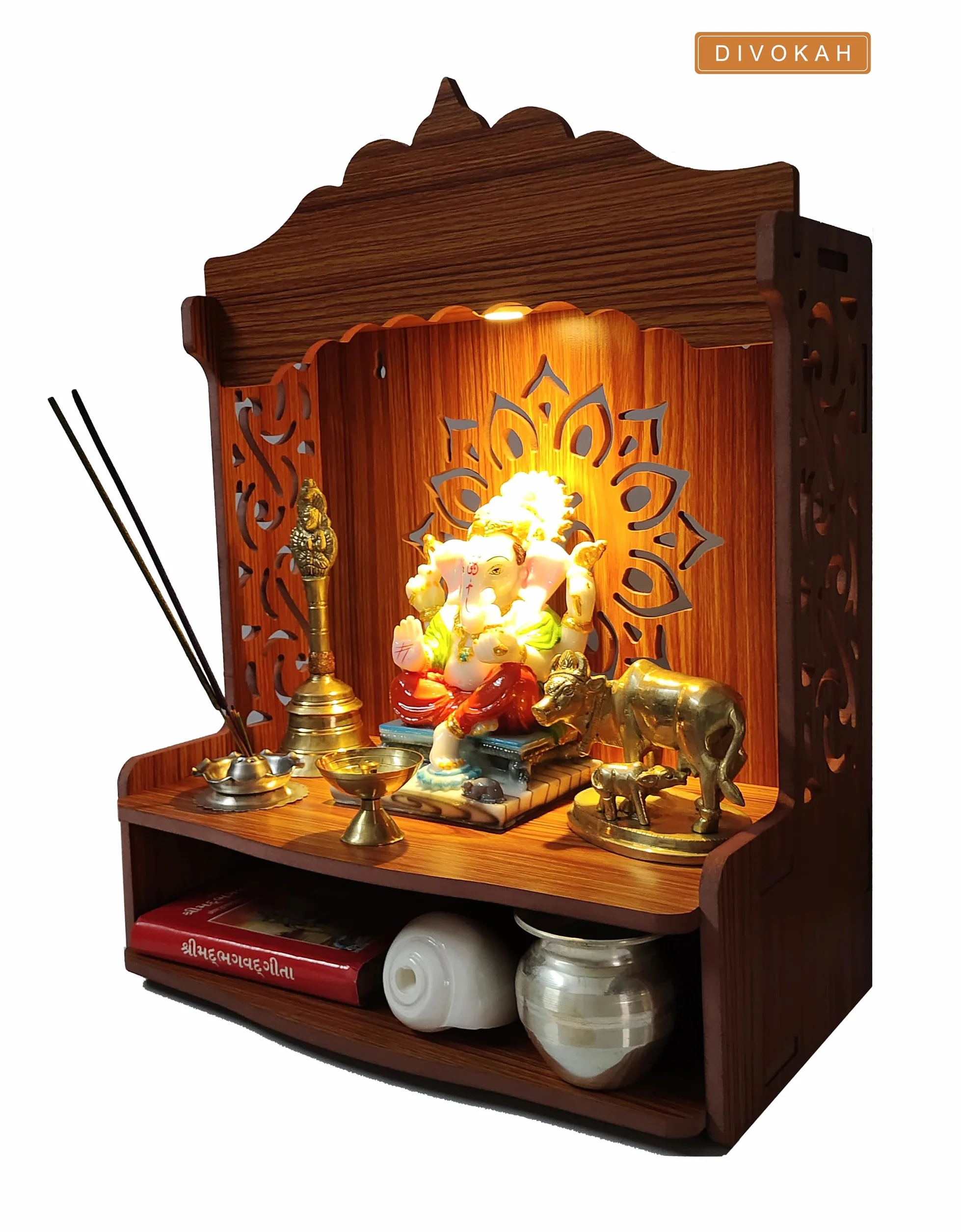 DIVOKAH Bellissimo Pooja Mandir w drewnie do domu i biura z lampką LED 8 mm