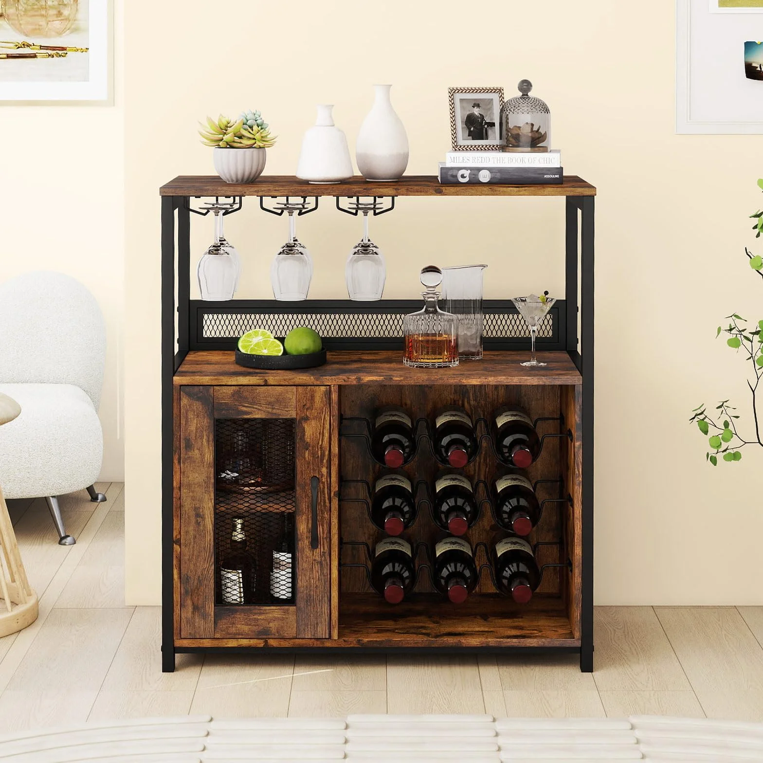 GIANTEX Mobile Porta Vino con 3 Portabicchieri e 9 Scomparti per Bottiglie, Kit Antiribaltamento, Design Industriale per Soggiorno, Sala da Pranzo, Cucina e Bar, Marrone