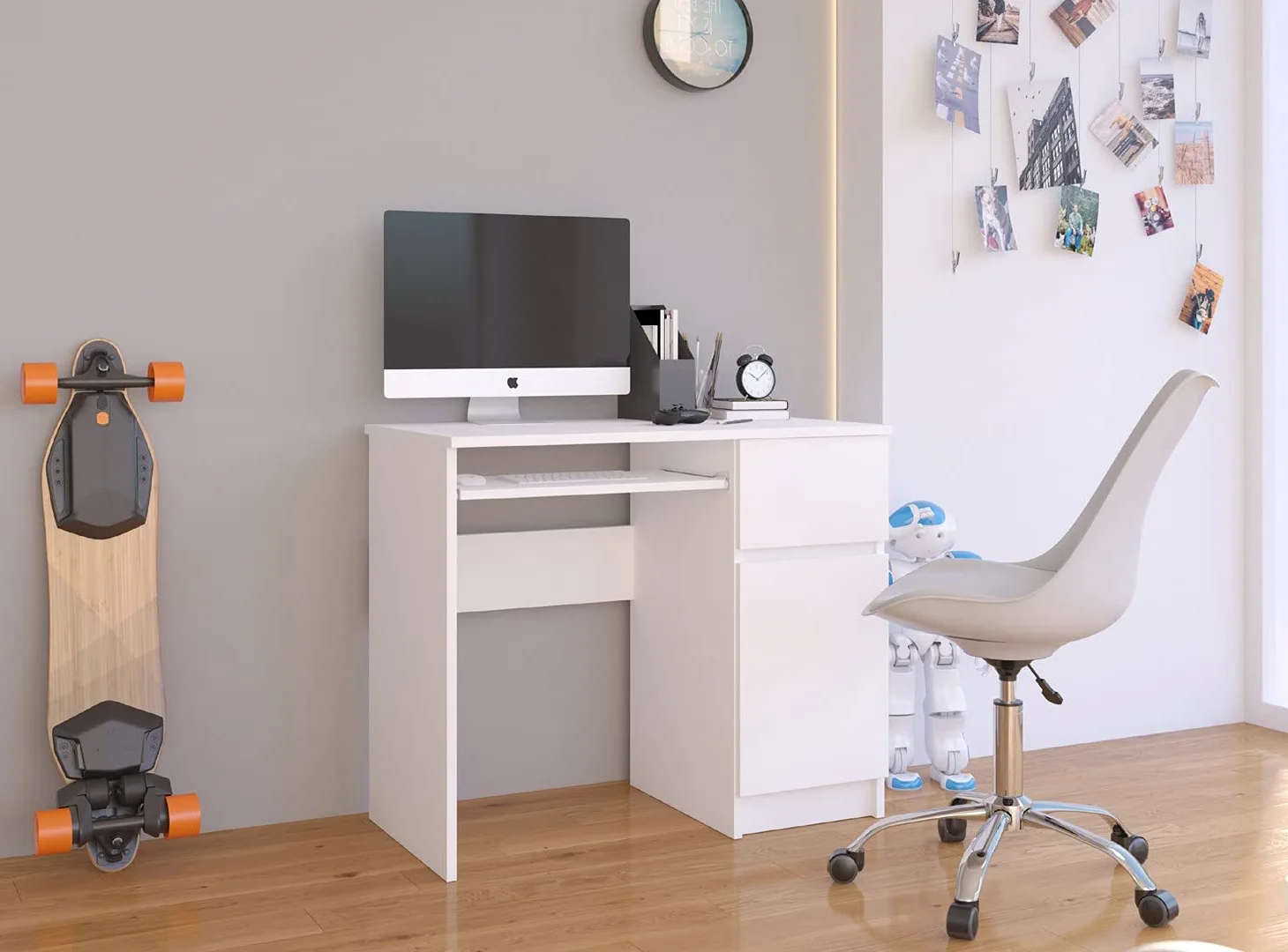 Tavolo per computer, tavolo da ufficio, con 1 cassetto, 2 ripiani e un ripiano estraibile per tastiera, 90 x 50 x 77 cm, piano in laminato resistente all'abrasione con bordo ABS, bianco, destro