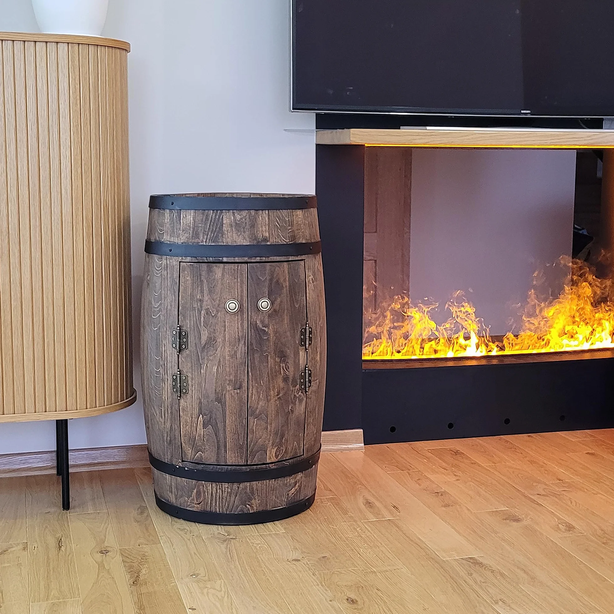 WEECO Barile con due ante, armadio per bevande, Whisky bar, Barile di vino, Cantinetta Portabottiglie in Legno, Mini Bar scaffale rotondo, Scaffale vino Botte vini, Barile Grappa, Barile da whisky