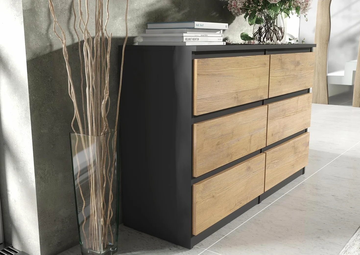 meble masztalerz Cassettiera Camera da Letto con 6 Cassetti - Credenza Soggiorno - Moderna Comò - Cassettiera Alta - Mobiletto con Cassetti - Antracite & Lancelot 138,5 x 39 x 78,5 cm