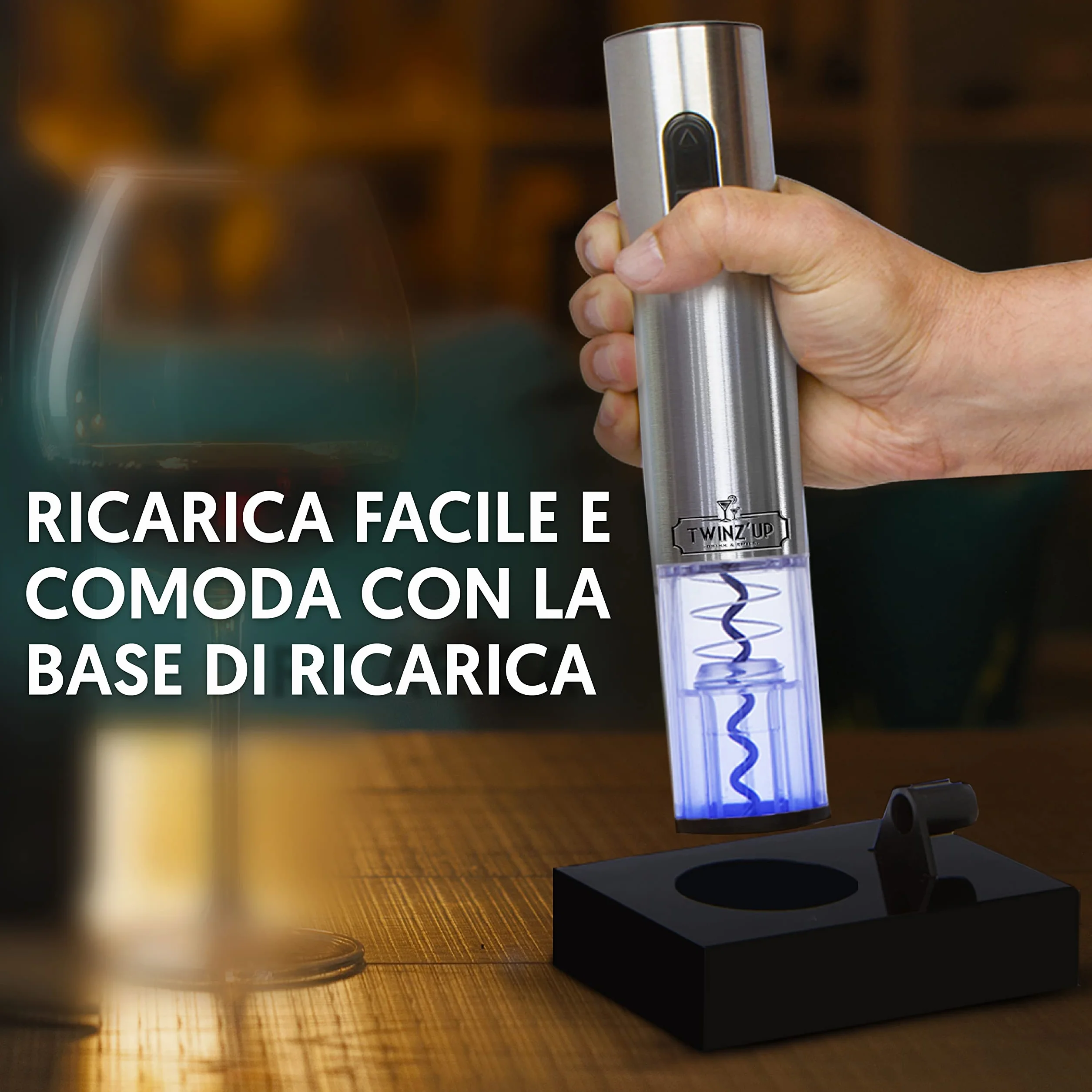 Twinz'Up Apribottiglie Elettrico Ricaricabile Cavatappi Elettrico per Vino con Taglia-Capsule