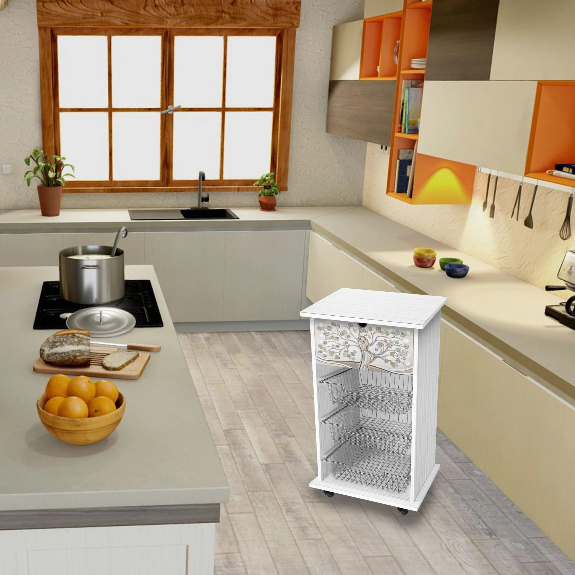 Lupia - Carrello Cucina Multifunzione Bianco WHITE ALBERO ABBRACCIO, Portafrutta Ruote Piroettanti, Piano di Appoggio, tre Cestelli Estraibili in Acciaio, Legno 40X45H85 cm montato