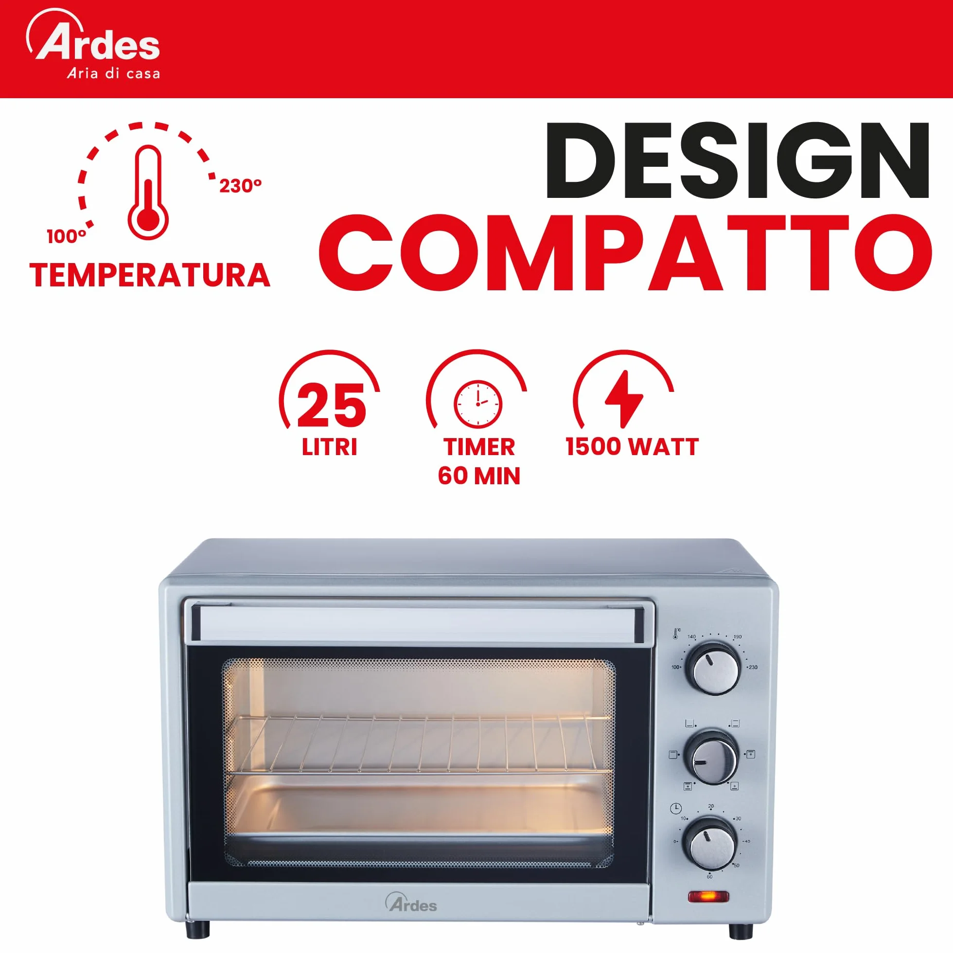 ARDES AR6226S Fornetto Elettrico Ventilato 25 Litri Luce Interna 6 Funzioni Cottura Timer 60' Doppio Vetro Silver
