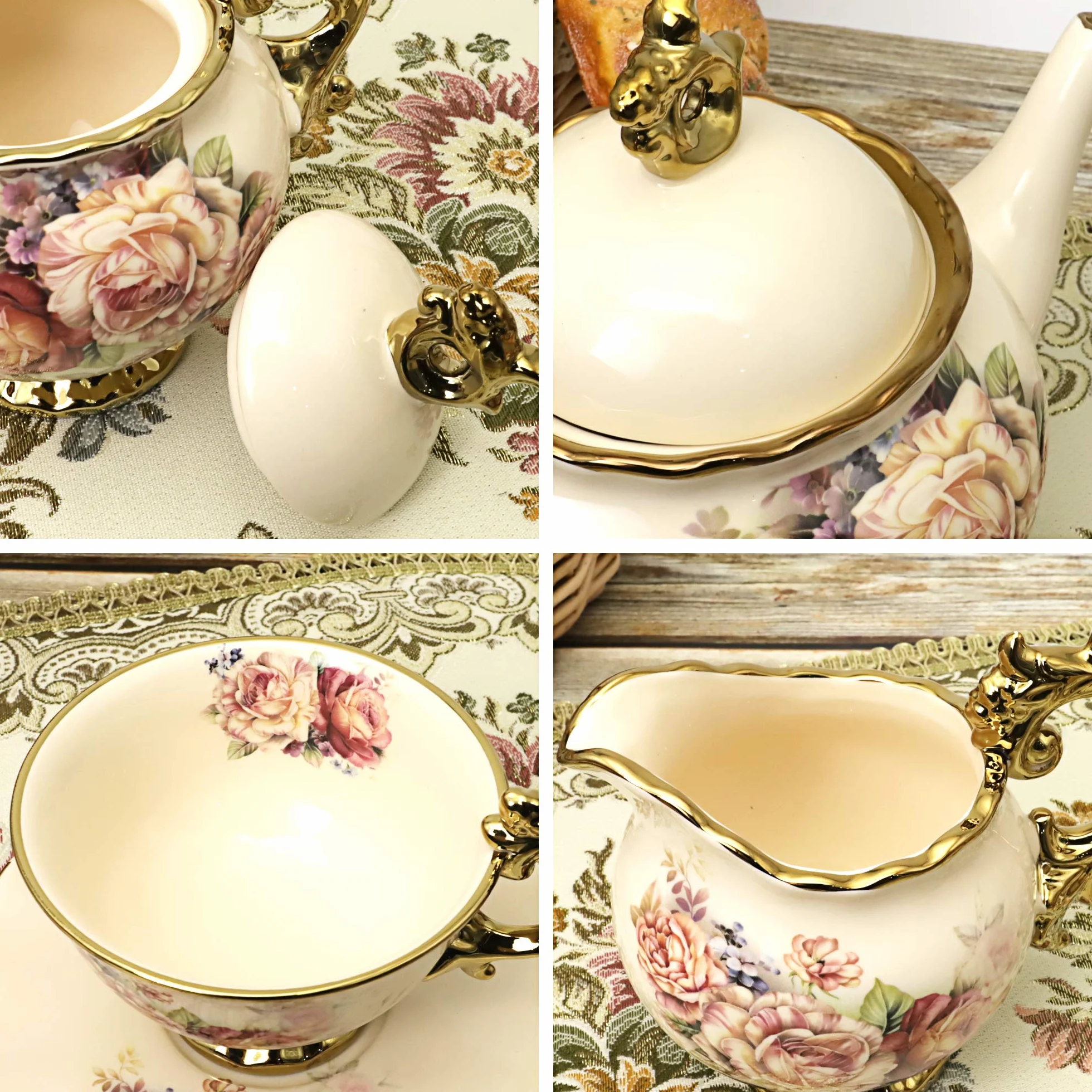 fanquare 15 Pezzi Servizio da Tè in Porcellana Inglesi, Vintage Set Tazzine da Caffè Cinese con Fiori di Rosa, Servizio di Caffè per Matrimoni