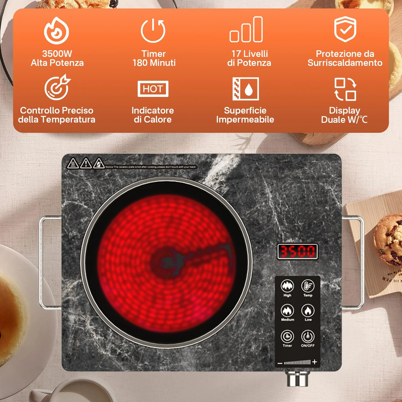 Piastra Ceramica a Infrarossi 3500W – Cottura Veloce e Sicura, Compatibile con Tutte le Pentole, Superficie in Vetro Microcristallino, Controllo Touch e Funzioni di Sicurezza