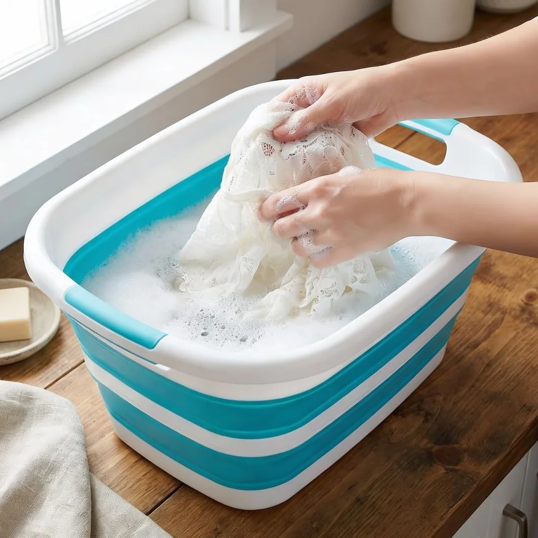 Edihome, Bacinella Pieghevole 26 L – Bacinella Bucato e Organizer Lavanderia Compatta – Cesto Portabiancheria Salvaspazio per Casa e Lavanderia (Turchese)