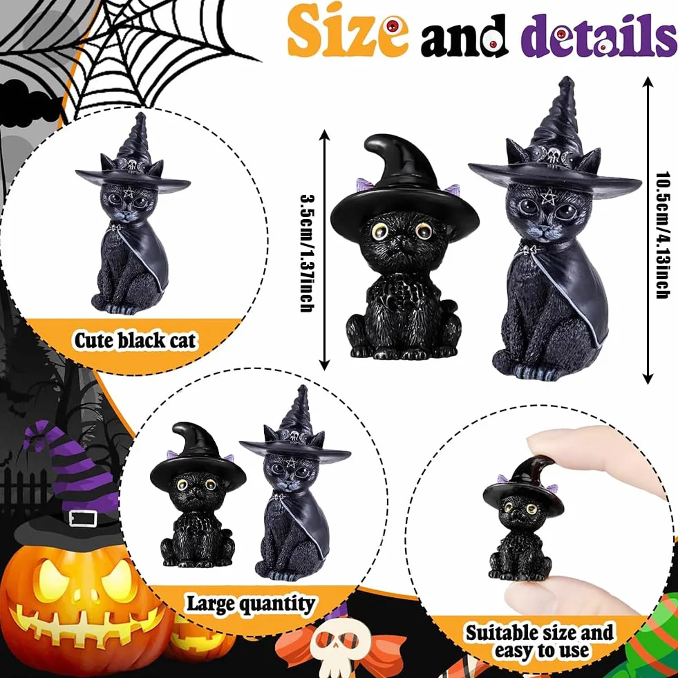 Gatto Strega Halloween Decorazione con Adesivi Neri e Mini Gatto Resina Set Statuetta a Forma di Gatti Statuette Decorative per Gatti Regalo Halloween per Feste e Arredo Casa