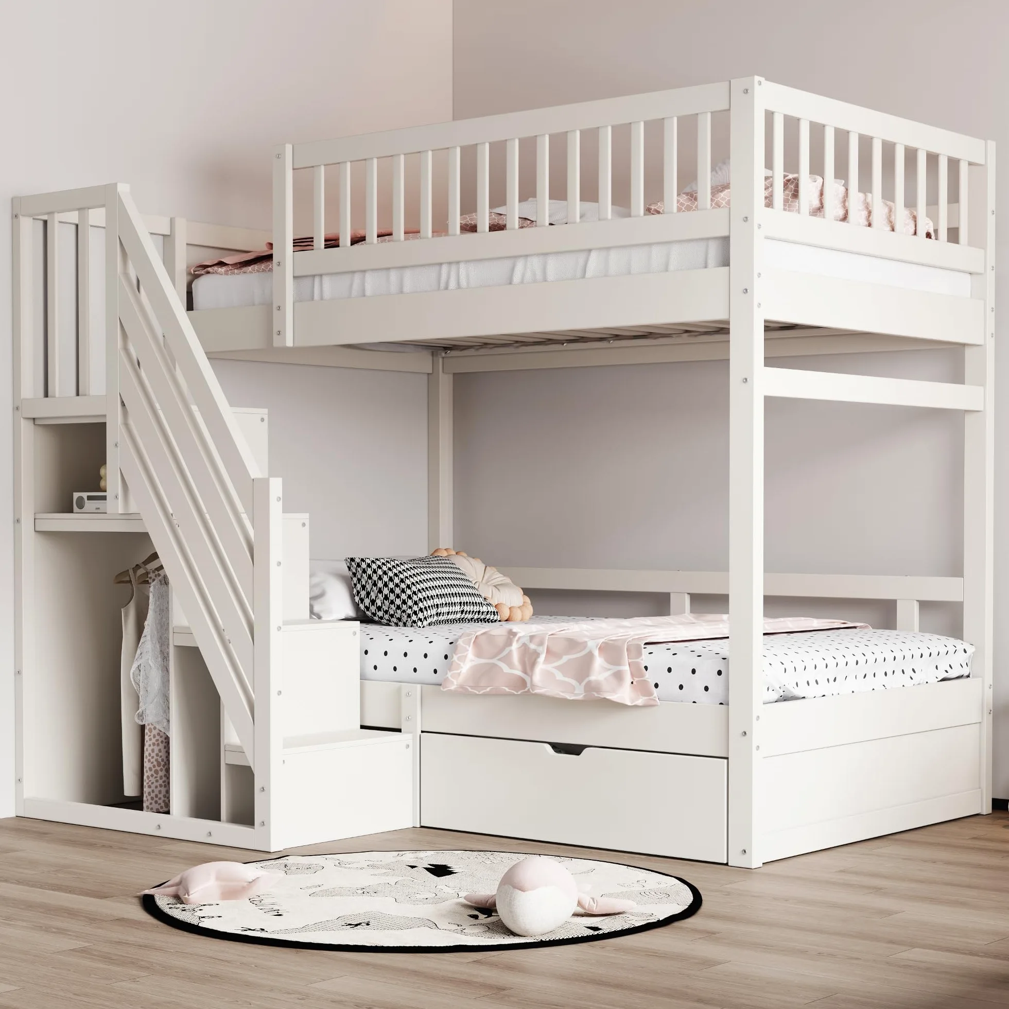 Soweiz Lettino per bambini 90 x 200 cm, in legno massello con rete di sicurezza elevata, con rete a doghe, scala di sicurezza con vano portaoggetti, letto per ragazzi (bianco)