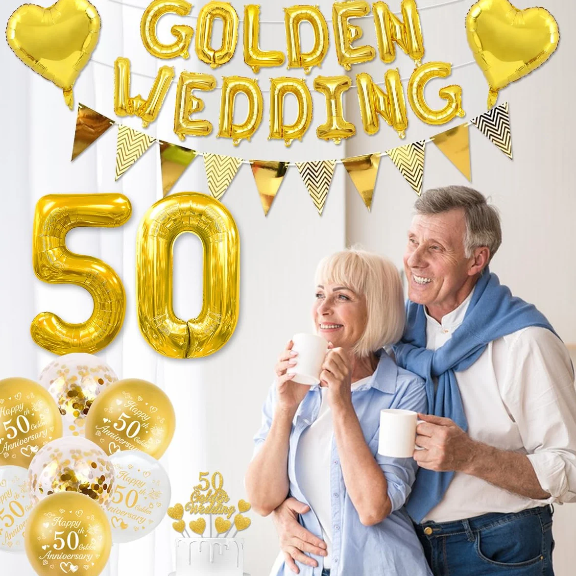 Decorazioni Matrimonio Oro, Decorazioni Anniversario Matrimonio 50 anni Palloncini Happy 50th Anniversary Palloncini Oro Striscioni 50 Golden Wedding Cake Topper