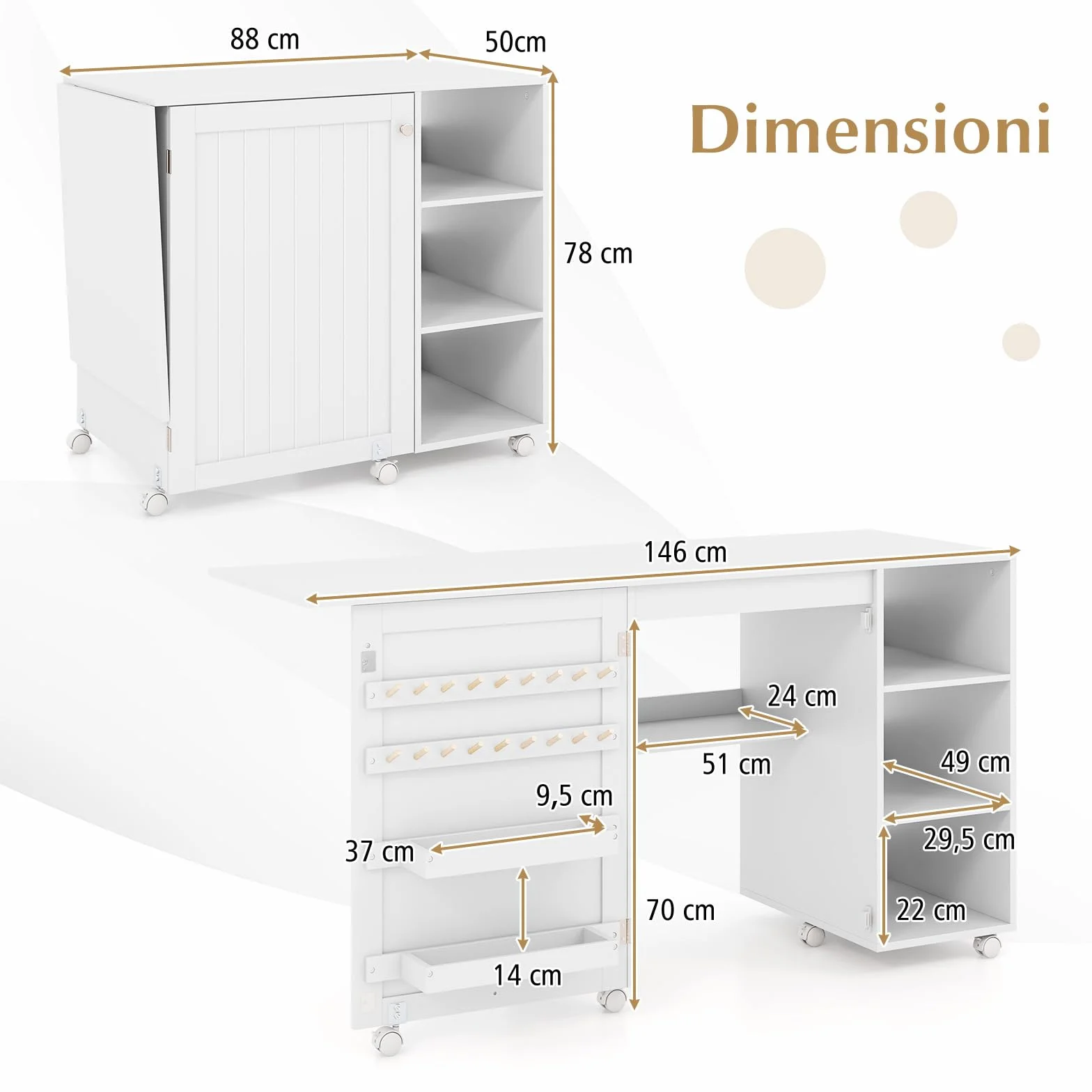 RELAX4LIFE Tavolo da Cucito Pieghevole, Mobile per Macchina da Cucire con Ripiani di Stoccaggio, 2 Contenitori e 18 Ganci, Stazione di Lavoro Portatile con Ruote Bloccabili per Spazi Ristretti