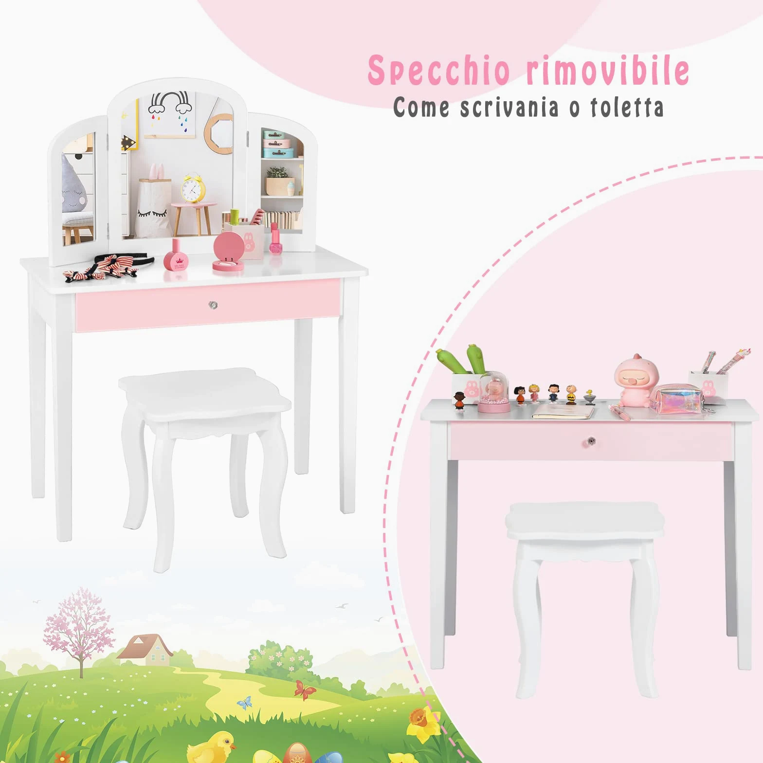 RELAX4LIFE Set Toeletta in Legno con Sgabello, Tavolo da Trucco con Cassetto con 3 Specchi per Bambini, Kit Toeletta da Trucco con Sedia per Bambine, Giocattolo da Trucco per Bambini (Bianca)