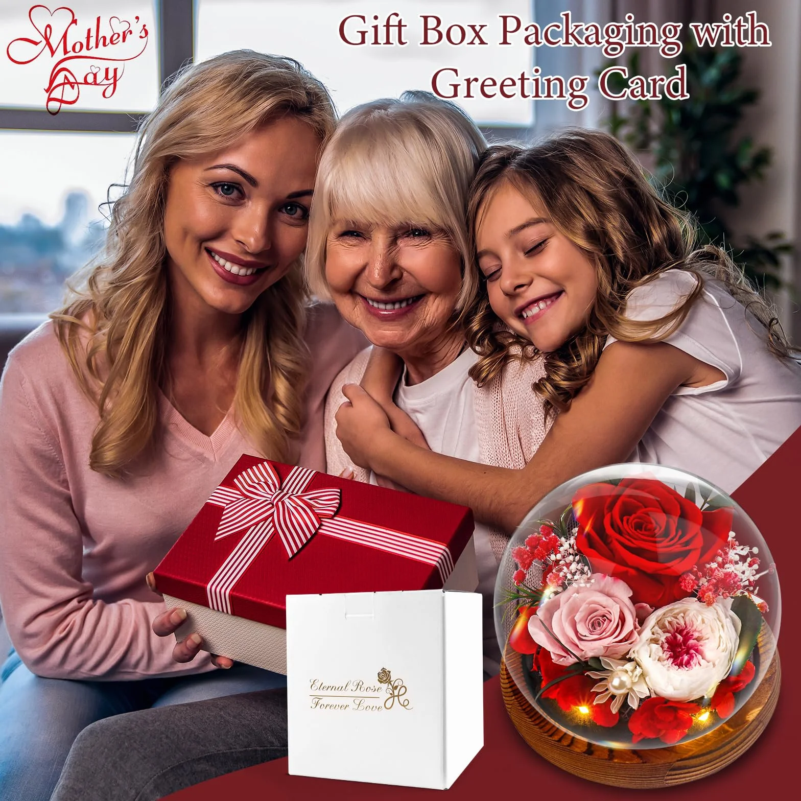 Rosa Stabilizzata Vera Regalo Festa della Mamma Donna Moglie LED Eterna Anniversario Rosso