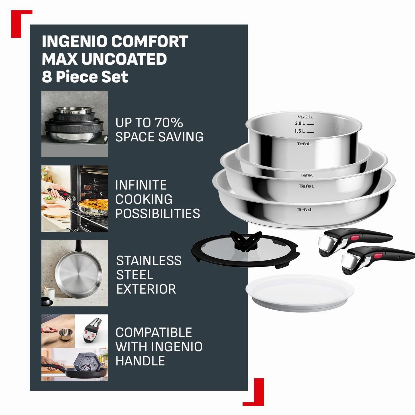Tefal Ingenio Comfort Max L968S834 - Set di 8 pentole con fondo extra resistente, non sigillato, salvaspazio, segnale termico, per tutti i piani cottura, impugnatura sicura, facile da pulire, in