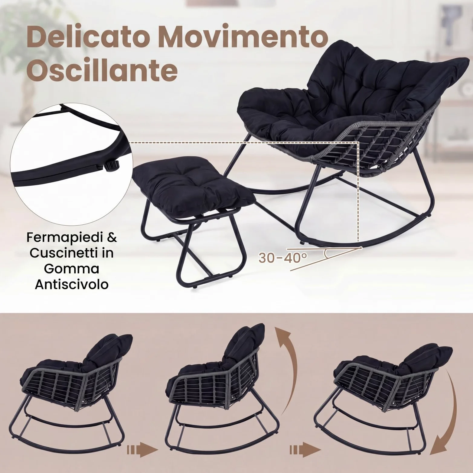 COSTWAY Sedia a Dondolo da Interno ed Esterno, Poltrona a Dondolo con Poggiapiedi e Cuscini Rimovibili, Poltrona Relax in Rattan con Telaio in Metallo per Soggiorno e Giardino, Portata 150 kg (Nero)