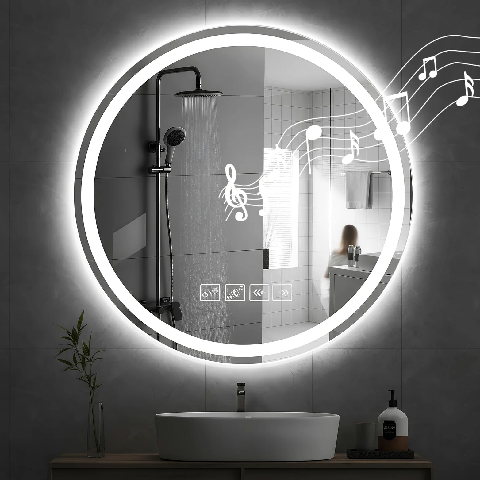 Specchio Bagno con Luce, Rotondo 60cm con Luce Regolabile, Bluetooth, Antiappannamento, Vetro Temperato HD – Funzione Memoria e Riproduzione Musicale