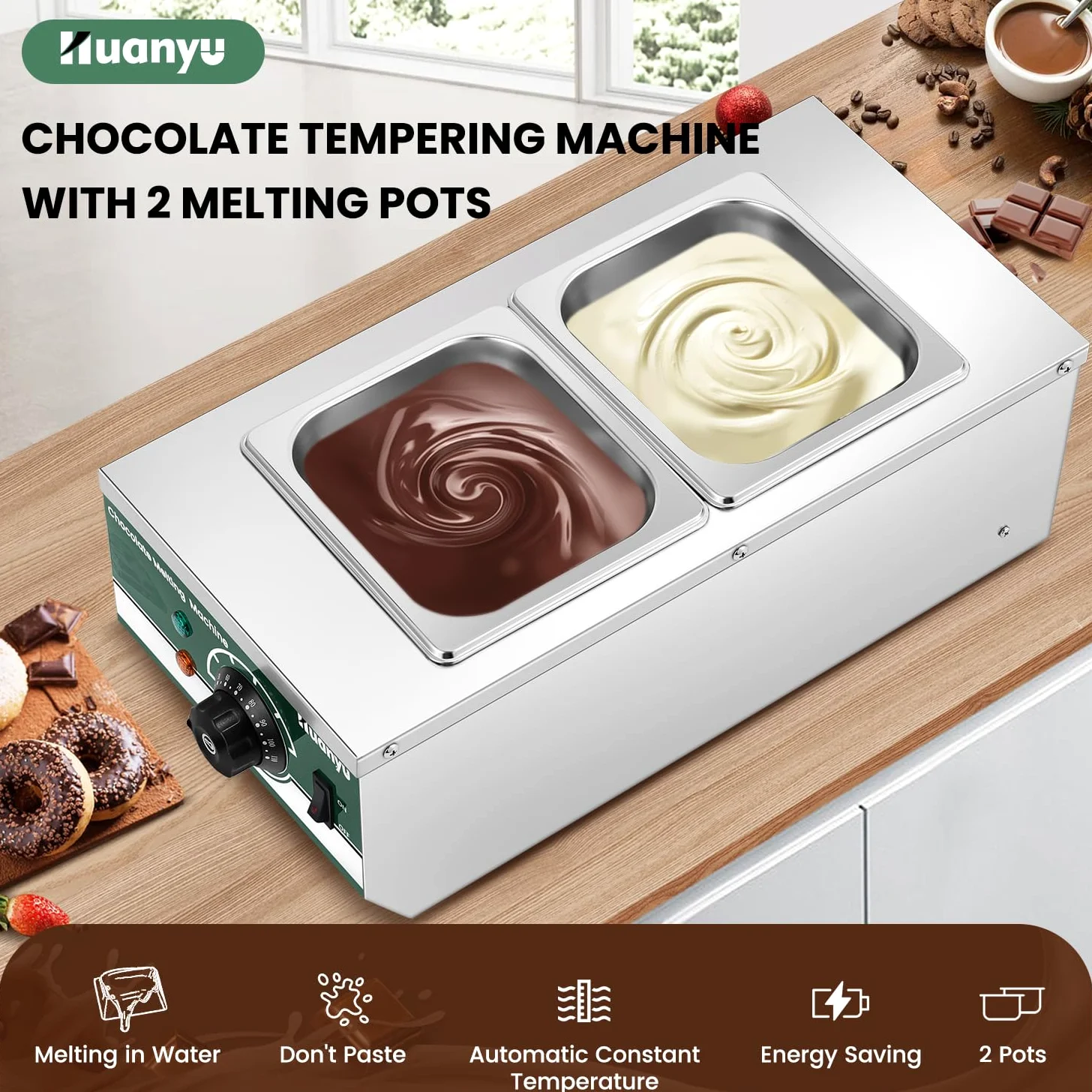 Huanyu cioccolato temperamento macchina con 2 vasche 30 ℃-110 ℃ cioccolato macchina di fusione 800W commerciale cioccolato Melter acqua riscaldamento cioccolato pentola di fusione