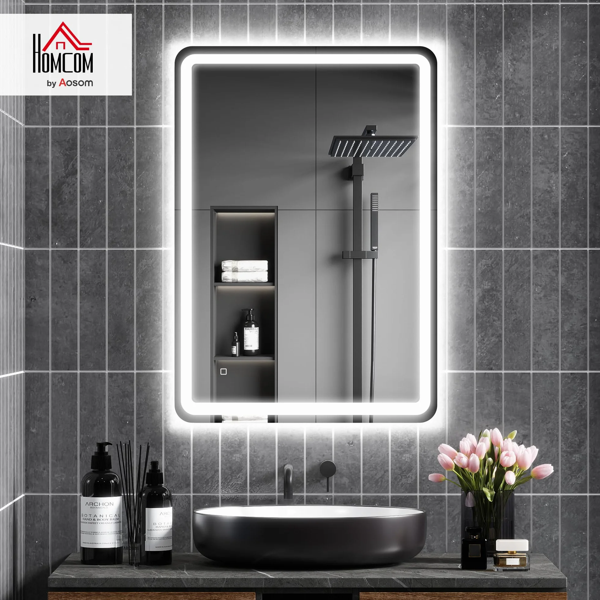 HOMCOM Specchio Bagno con Luce LED 70x100cm, Specchio da Parete con 3 Colori Dimmerabile, Funzione Memoria, Antiappannamento, Interruttori Touch, in Vetro Temperato, IP44, Orizzontale/Verticale