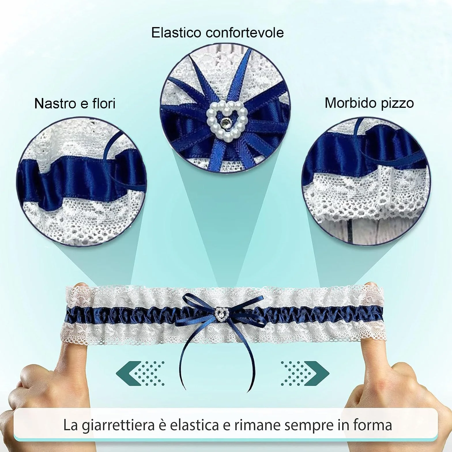 Giarrettiera da Sposa in Blu per Il Matrimonio, Nastro Decorato con Pzzo, Fiocco e Un Cuore Nobile Fatto di Bbrillantini, Regalo Giarrettiere Sposa, Fatto a Mano