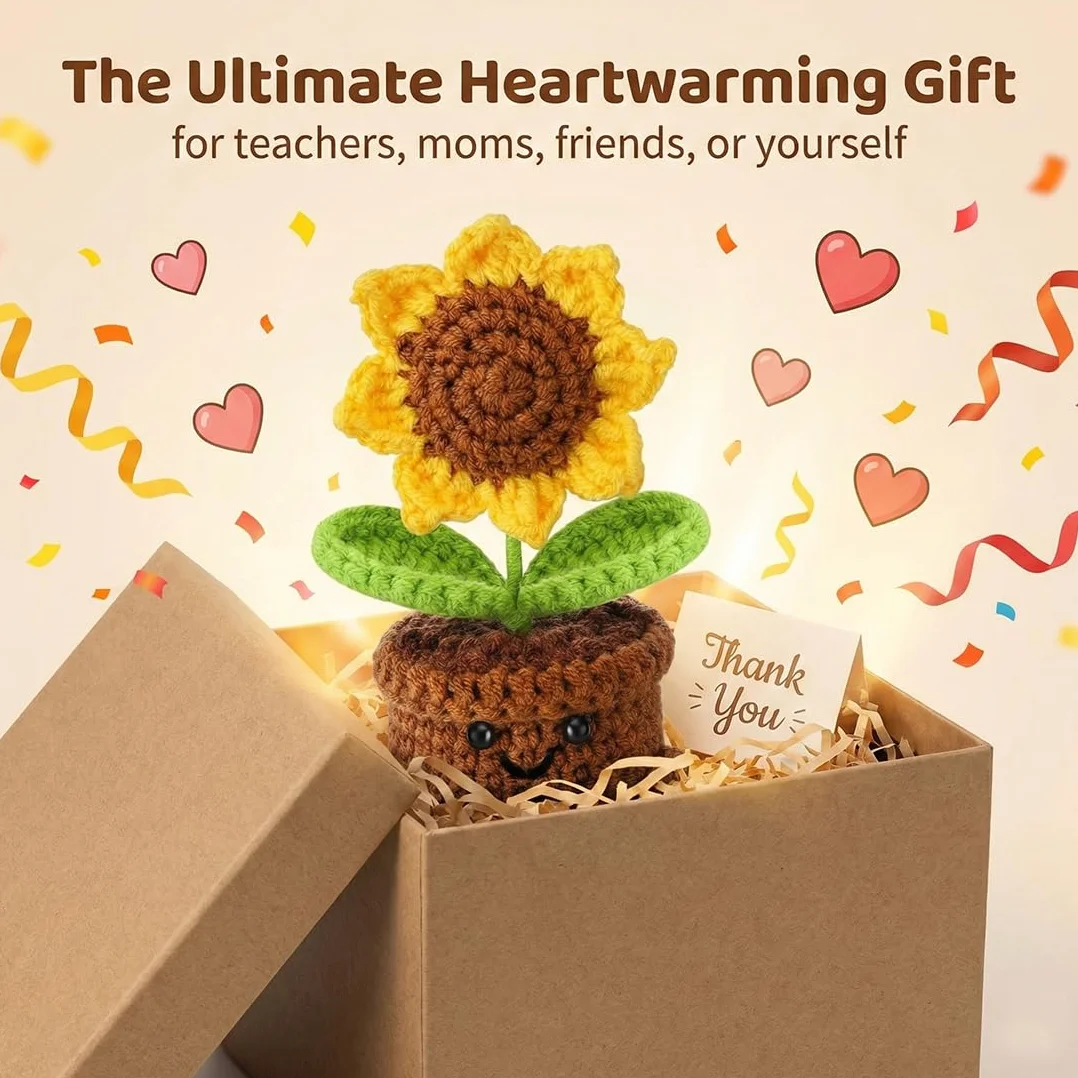 Positive Girasole Idea Regalo Compleanno- Creative Knitted Positive Girasole Doll- Gadget Scrivania Carino Portafortuna, Regali Originali per Laurea Collega Sorella Amica Ufficio