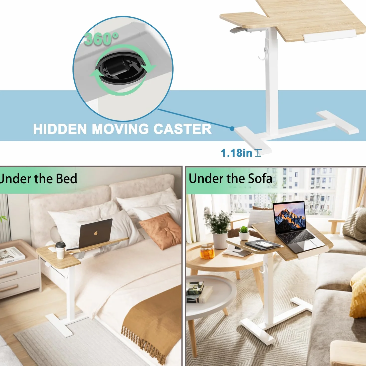 ETHU Tavolo per computer portatile regolabile in altezza, tavolino multifunzione con piano di lavoro inclinabile e ruote incassate, tavolo da letto portatile ergonomico per ufficio e casa (quercia)