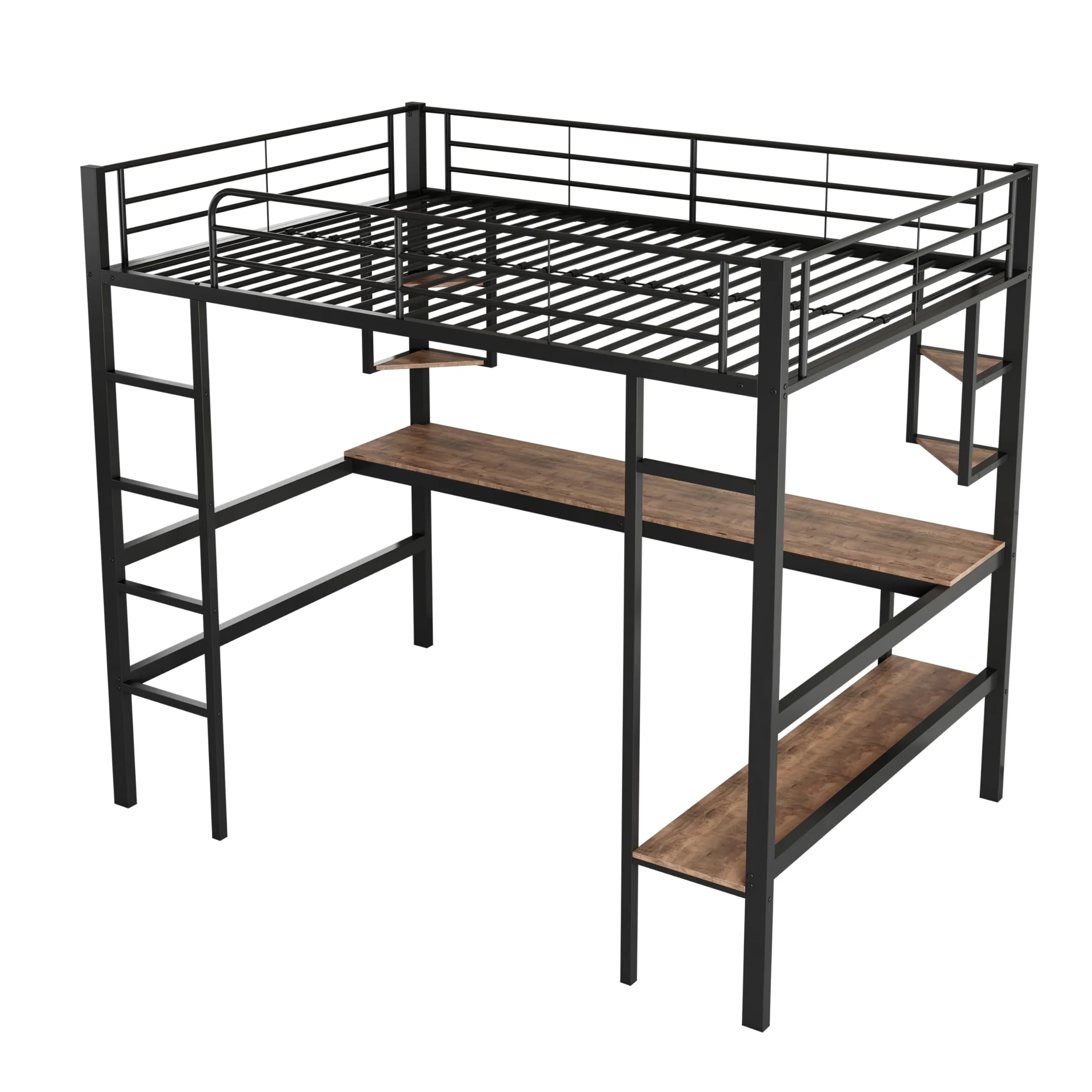 Azkoeesy Letto a soppalco in metallo, 90 x 200 cm, letto alto con scrivania 200 cm, scaffale per libri, per adolescenti e adulti, colore nero (90 x 200 cm)