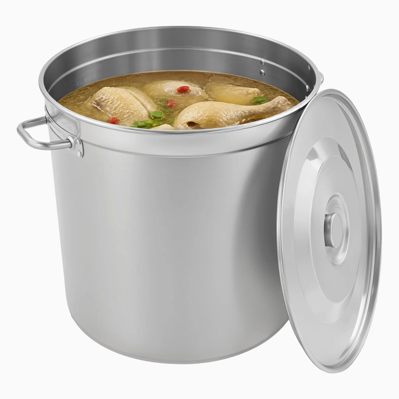 Pentola per zuppa in acciaio inox, 98 l, grande con manici e coperchio per lavandino, Ø 51,5 cm, altezza: 50 cm, in acciaio inox, grande per tutti i piani cottura e le grandi cucine