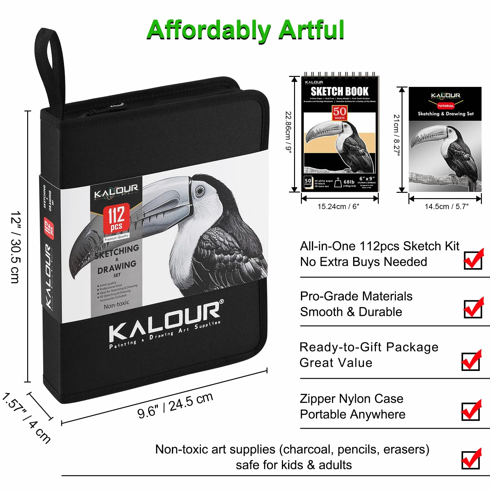 KALOUR PDAS 112 Set da disegno con quaderno da disegno a 3 colori, matite in grafite e carboncino, kit artistico per artisti, adulti, adolescenti e principianti, ideale per ombreggiare e sfumare