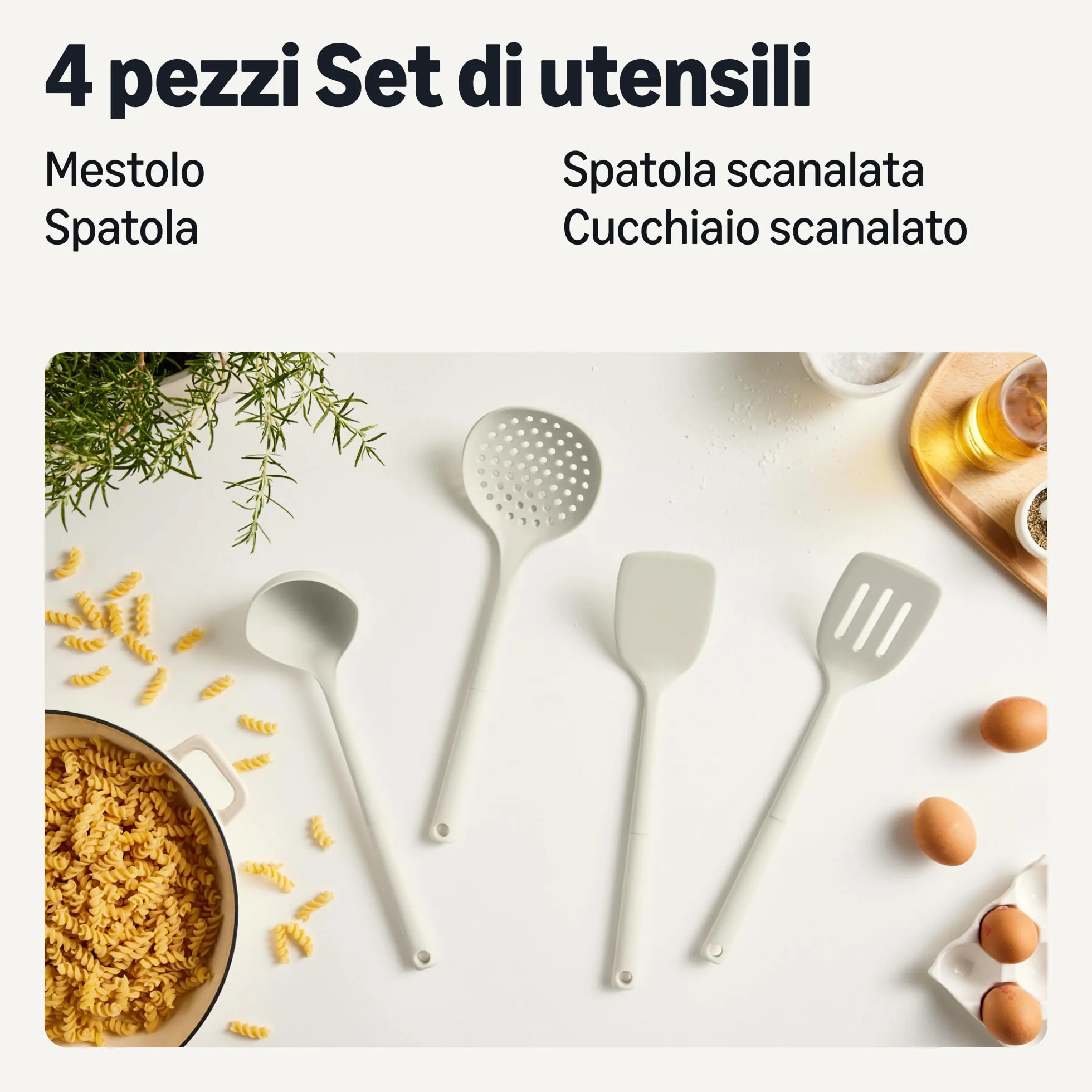 Amazon Basics Cucchiai e Mestoli da Cucina in Silicone, Set di 4 Pezzi, Grigio Lino
