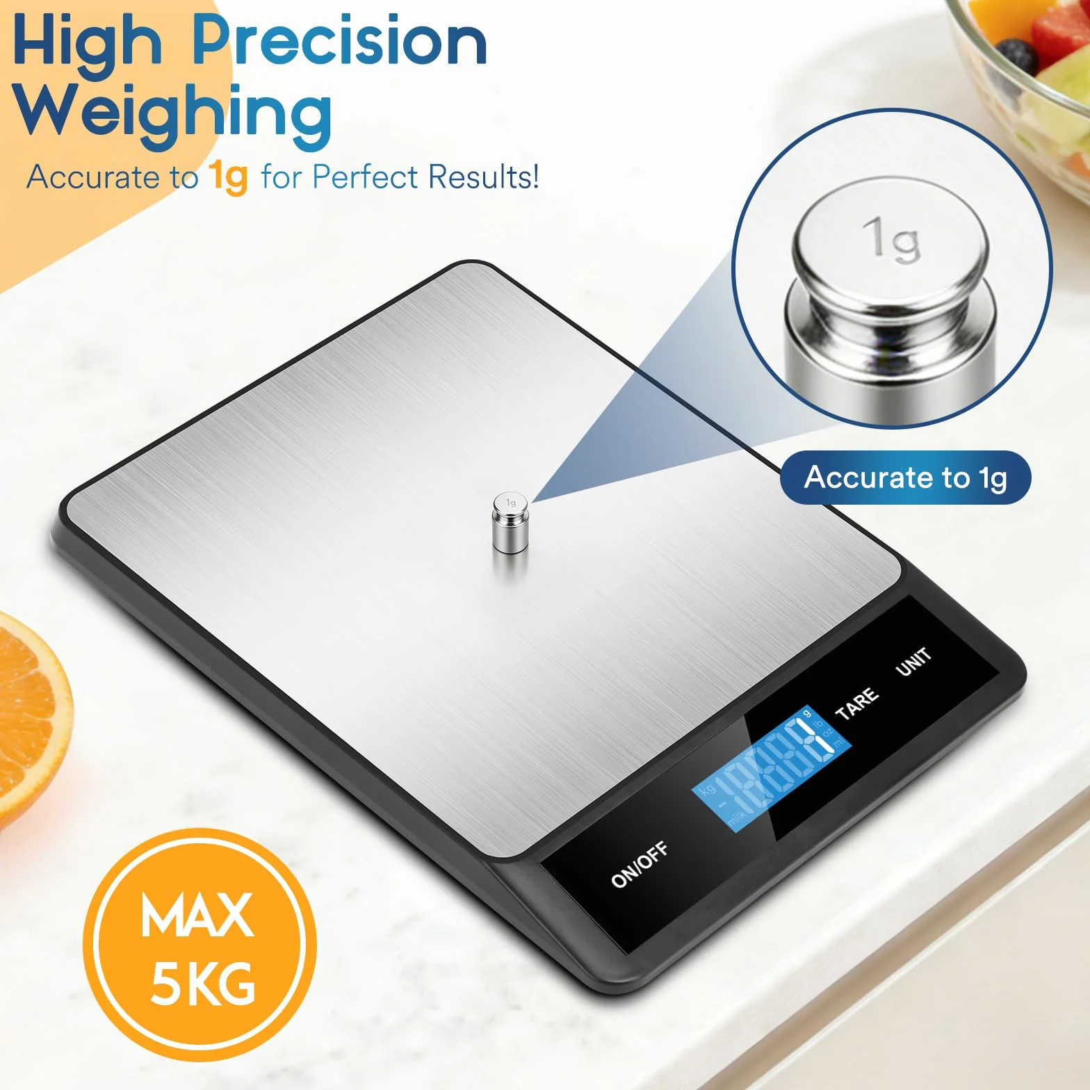 Zivacate Bilancia Cucina Digitale, Bilancia da Cucina 15kg, Alta Precisione 1g/0.05oz, Piatto Inox, Display ad Alta Luminosità, 6 Unità con Funzione Tara, per Scuola, Casa, Pasticceria, Cucina