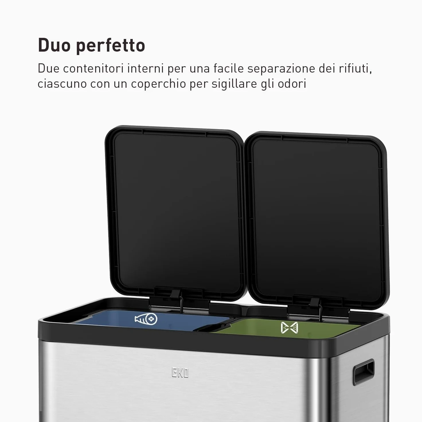 EKO Pattumiera Differenziata 2 Scomparti 30L + 30L con Doppio Pedale | Acciaio Inox Antimpronta | Coperchi Eleganti | Sottolavello Double