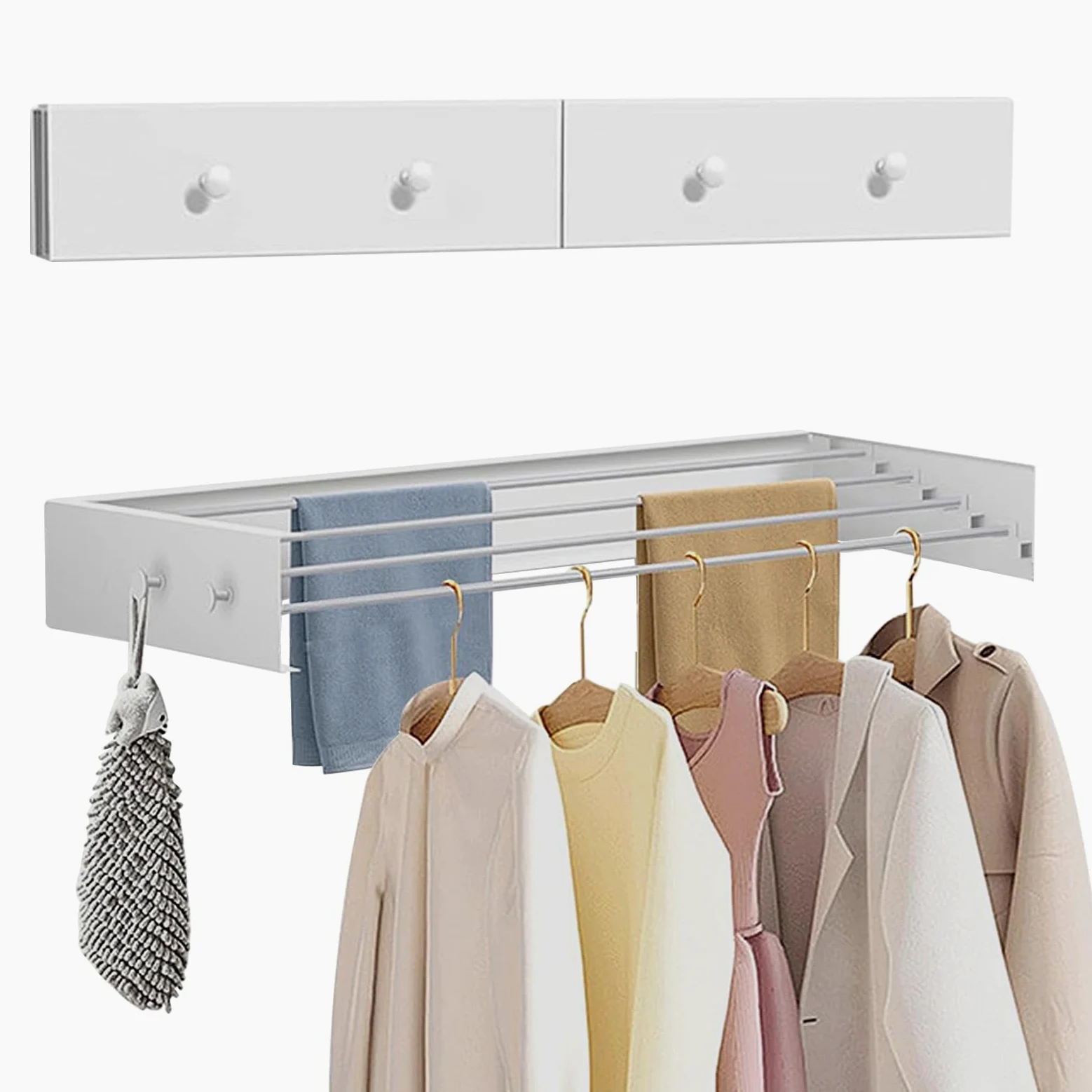 Stendibiancheria da parete, 60 cm, pieghevole, in acciaio al carbonio, resistente, con 4 ganci, capacità di carico 25 kg, per interni ed esterni (60 cm)