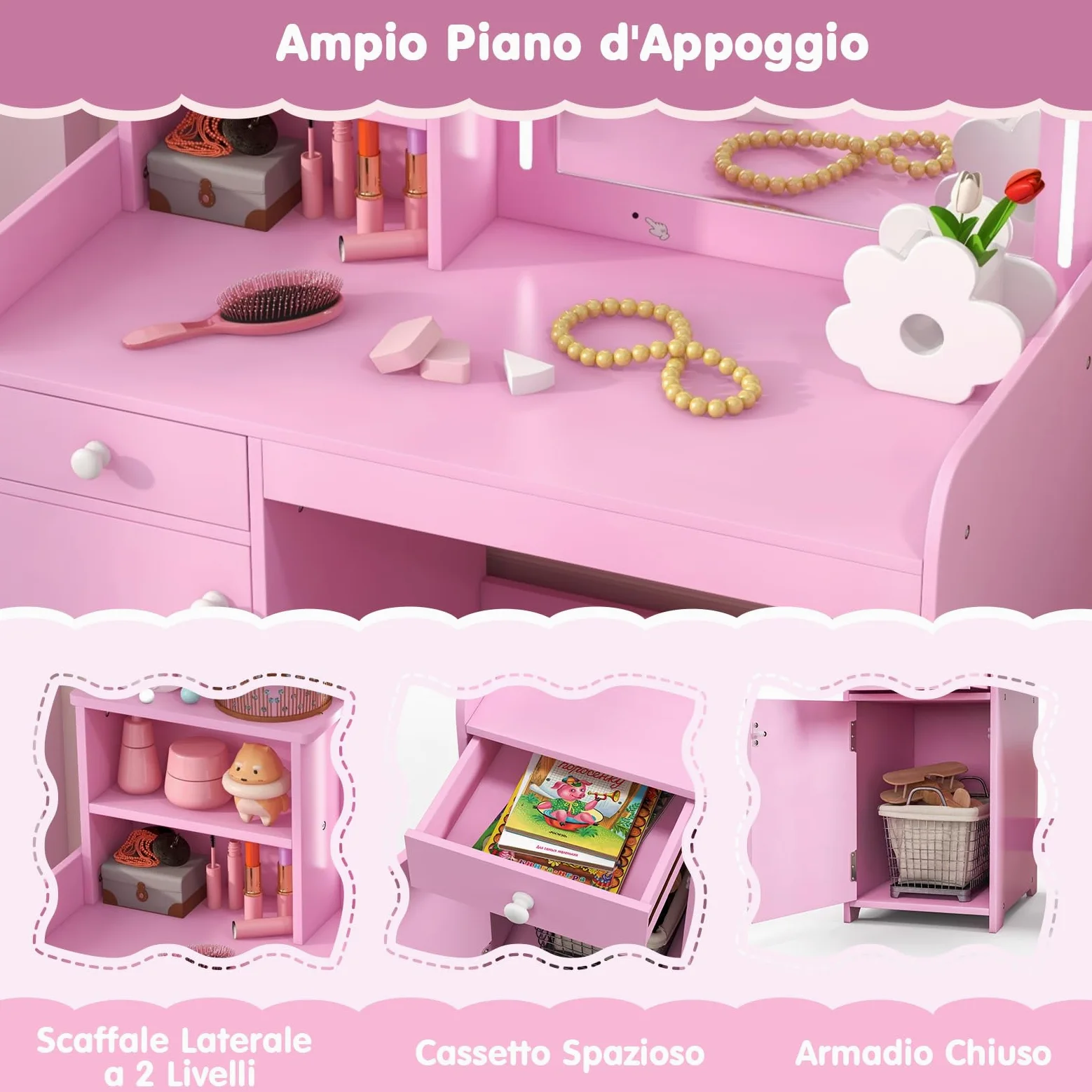 RELAX4LIFE Toeletta Trucco per Bambina con Luci LED, 2 Colori, Specchiera Trucco con Sgabello, Mensole e Cassetto, Toeletta in Legno, per Bambini 3+ Anni (Rosa, L)