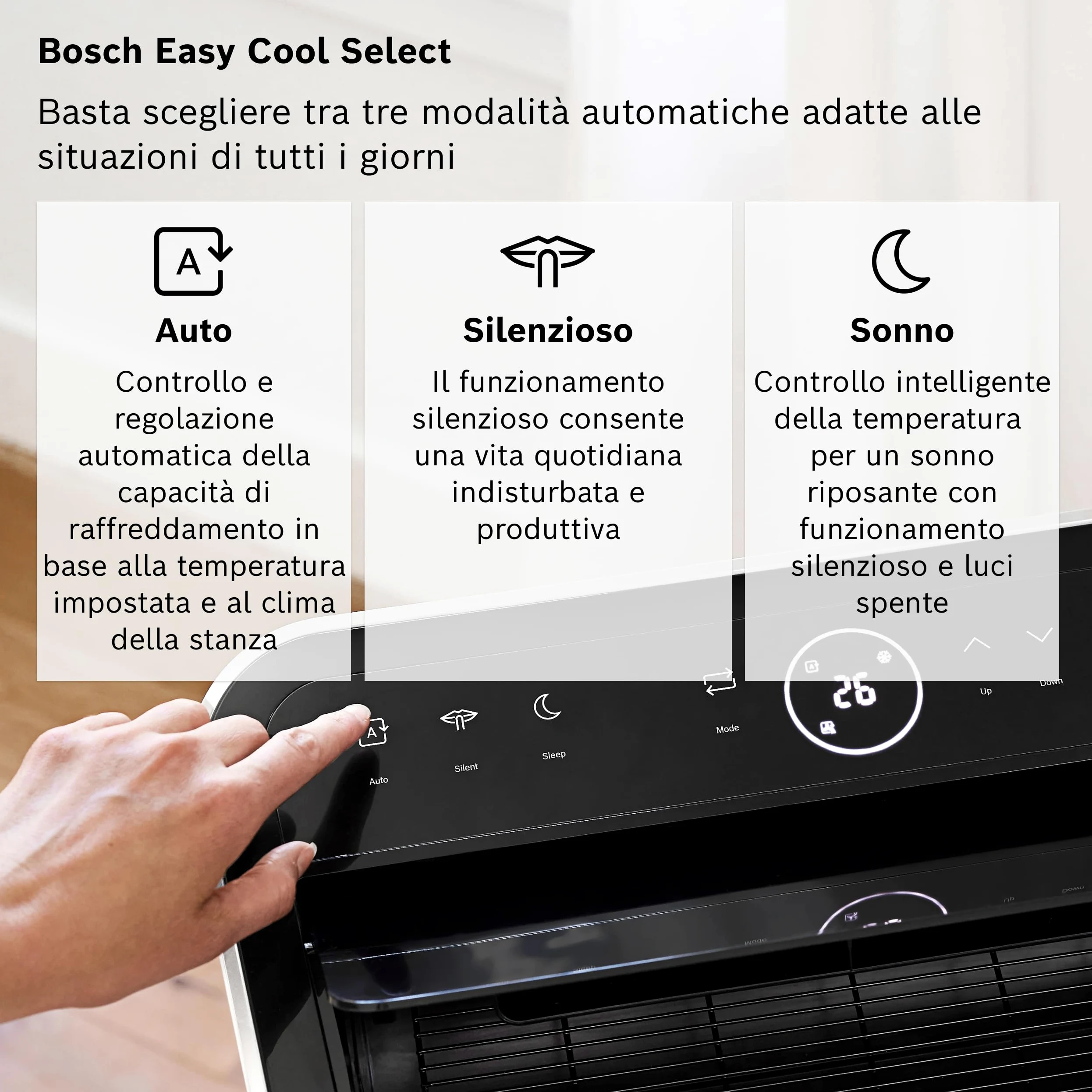 Bosch Cool 5100 Climatizzatore portatile - Climatizzatore 3 in 1, deumidificatore, ventilatore - 3,4 kW per ambienti fino a 46 m² - Con modalità Auto, Silent e Sleep