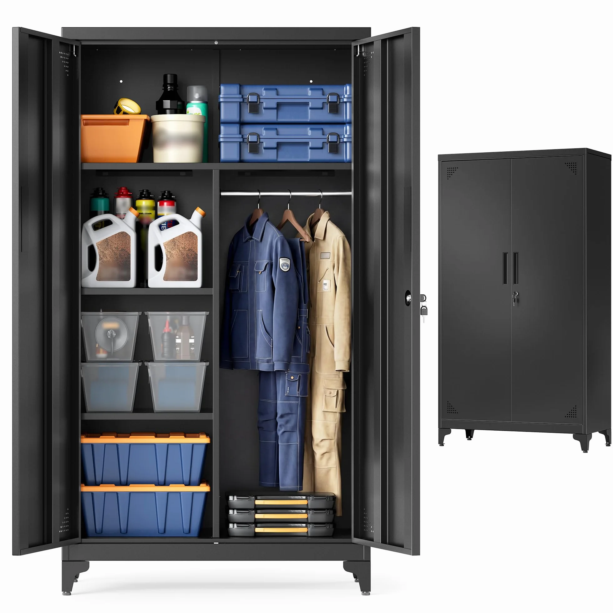 SONGMICS Armadio Multiuso, Guardaroba, Mobile da Ufficio in Metallo, con 2 Ante, 5 Scomparti, Barra Appendiabiti, Chiusura a Chiave, Piedini Alti, 80 x 40 x 165 cm, Nero Opaco OMC018BD01