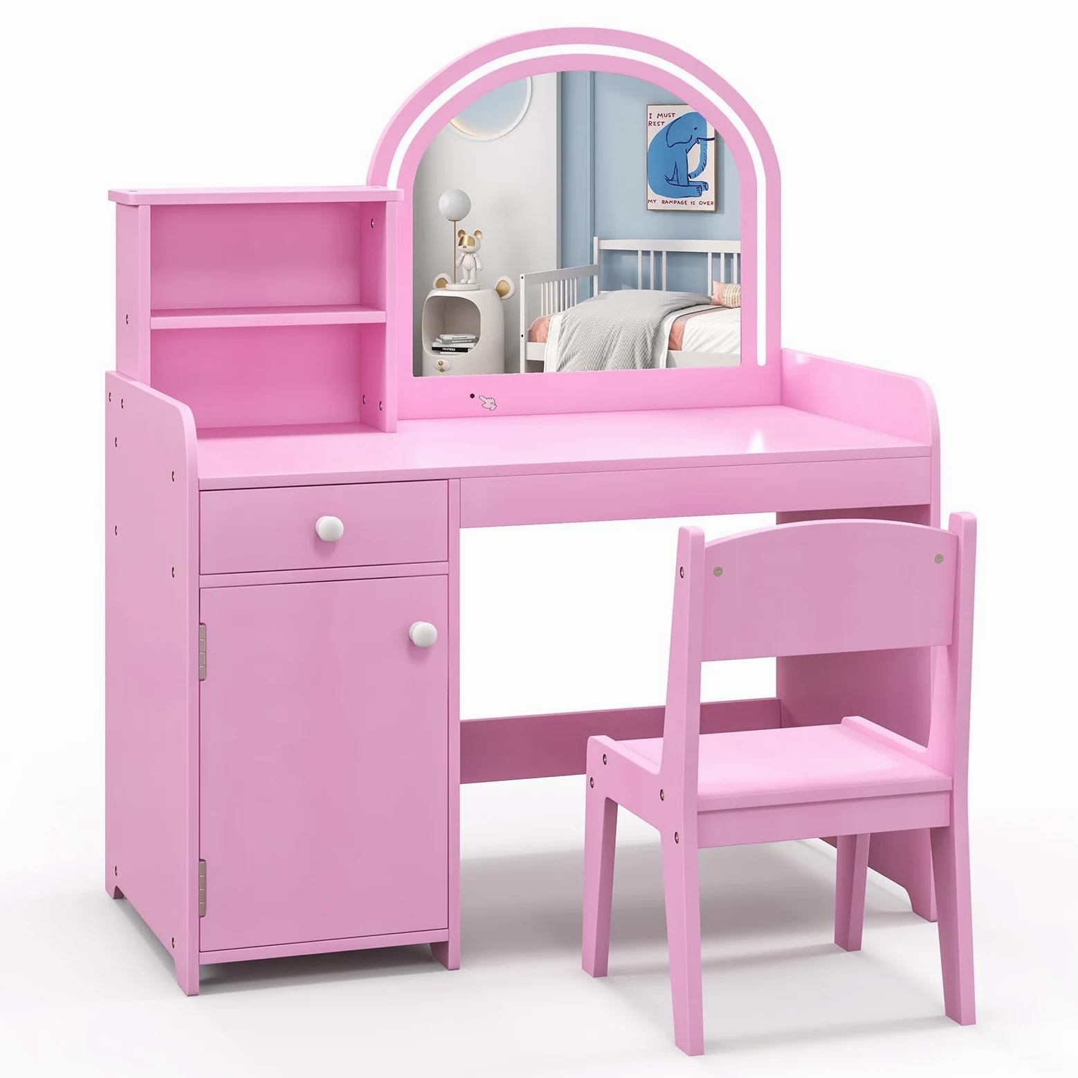 RELAX4LIFE Toeletta Trucco per Bambina con Luci LED, 2 Colori, Specchiera Trucco con Sgabello, Mensole e Cassetto, Toeletta in Legno, per Bambini 3+ Anni (Rosa, L)