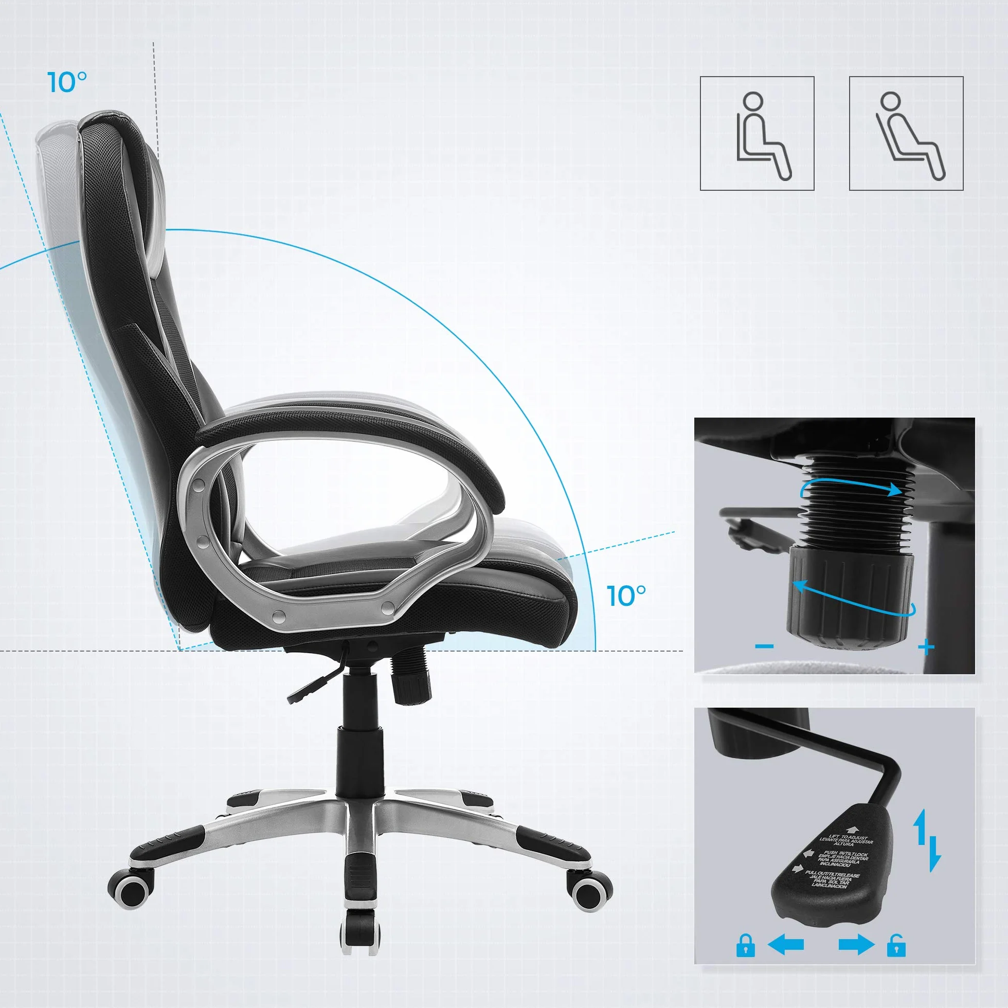 SONGMICS Sedia da Ufficio Ergonomica, Poltrona Direzionale, Girevole e Altezza Regolabile, da Scrivania in Studio e Ufficio, con Rotelle, Nero OBG22B
