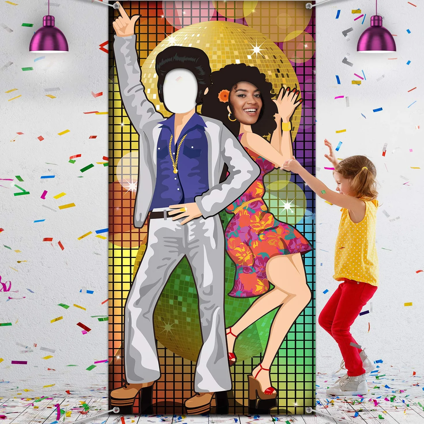 Decorazione Festa Anni '70 da Ballo Banner Porta Foto Puntelli Grande Sfondo Fotografico per Rifornimenti di Tema della Discoteca, con Le Corde