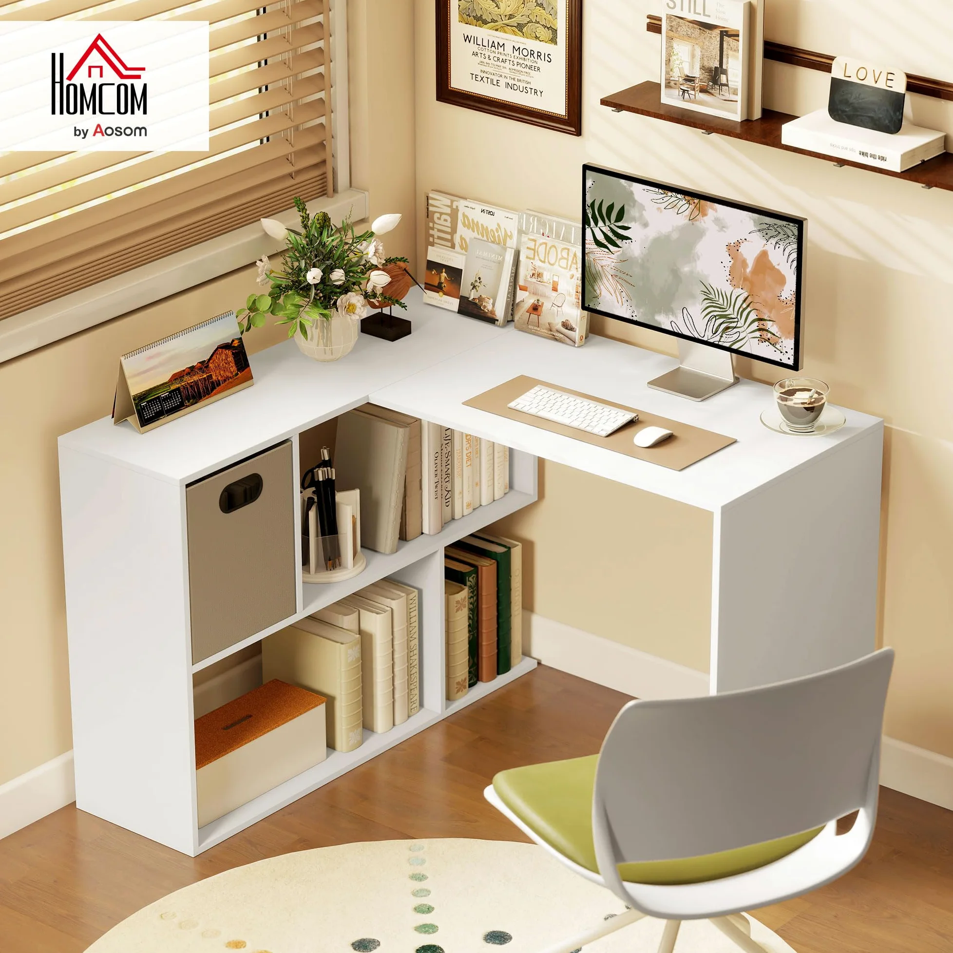 HOMCOM Scrivania Angolare per Computer 110x100 cm con Scaffale Bianco | Scrivania a L, Cassetto in Tessuto, Tavolo per PC, per Ufficio Studio e Camera da Letto, ad Angolo