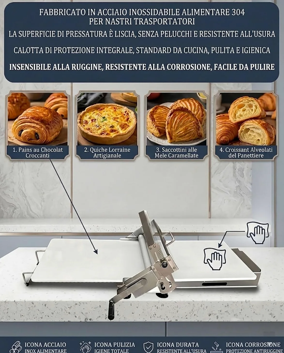 Sfogliatrice per Croissant, Macchina per Sfoglia Commerciale 40x90cm | Pieghevole, spessore regolabile 0-25mm, pannello antiaderente grande, per casa e commercio.