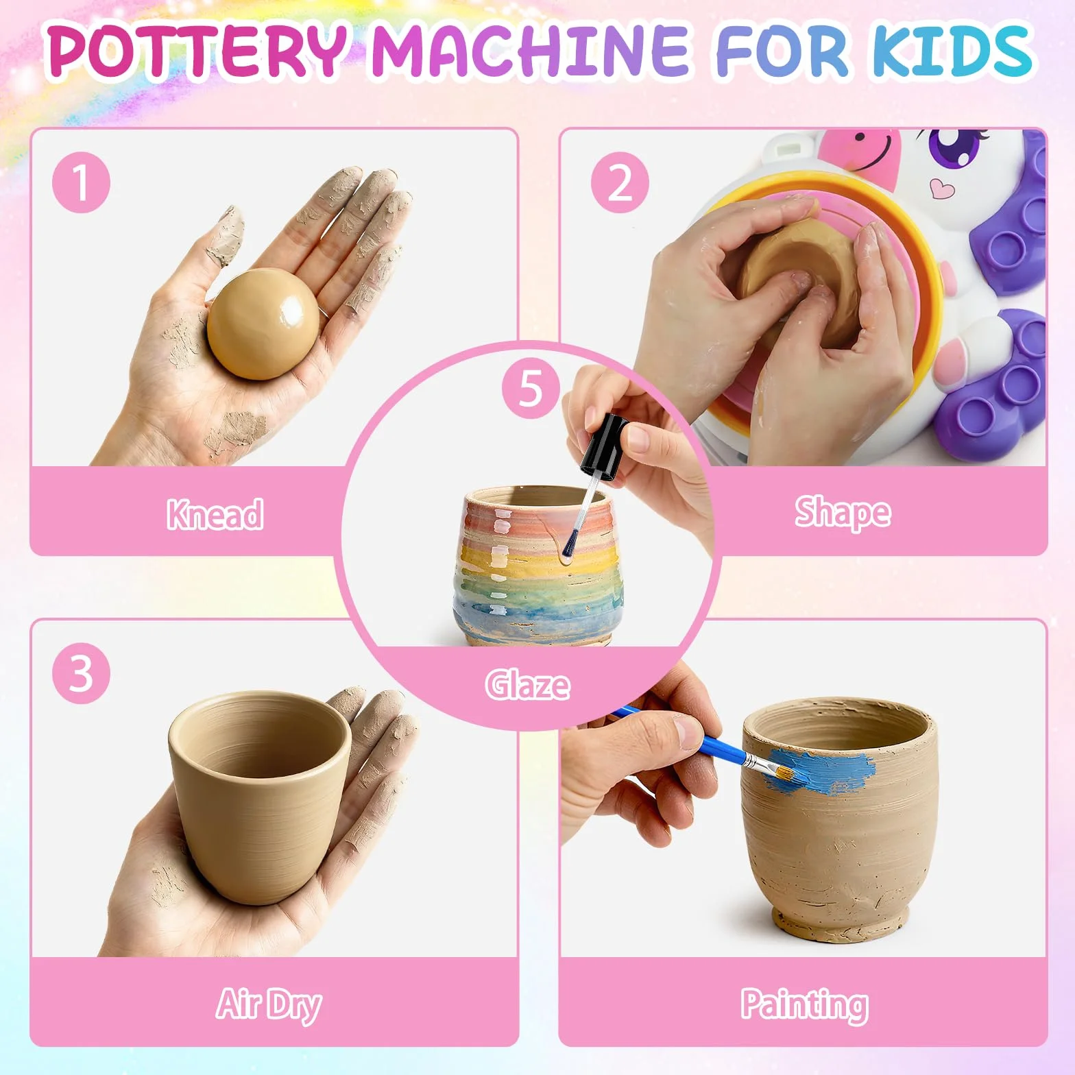 Tornio per Ceramica Bambina 3+ Anni, Fai Da Te Pottery Wheel Kit con Argilla Autoindurente, Lavoretti Creativi per Bambini